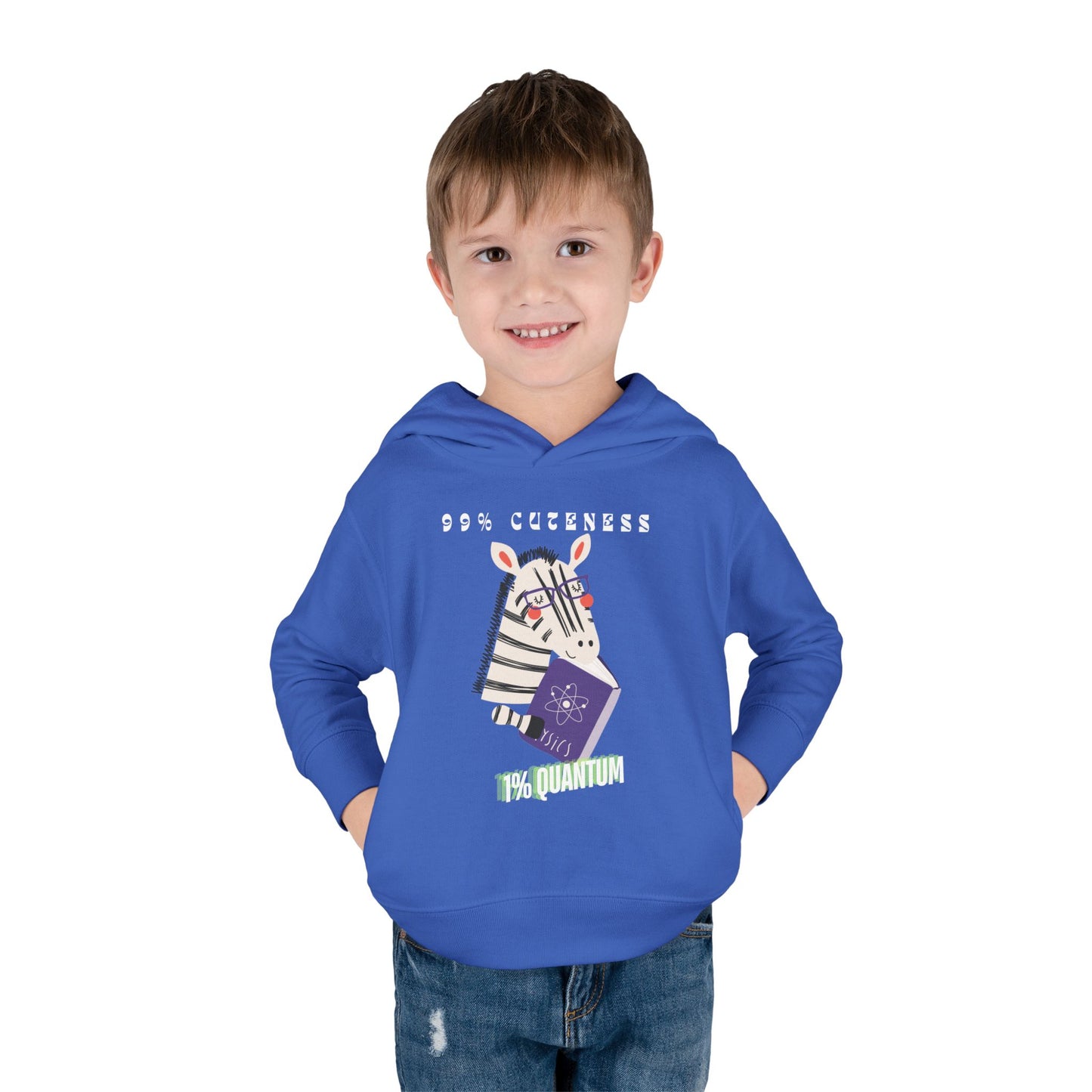 Boy wearing a blue toddler hoodie with a zebra reading a book and text '99% Cuteness 1% Quantum'