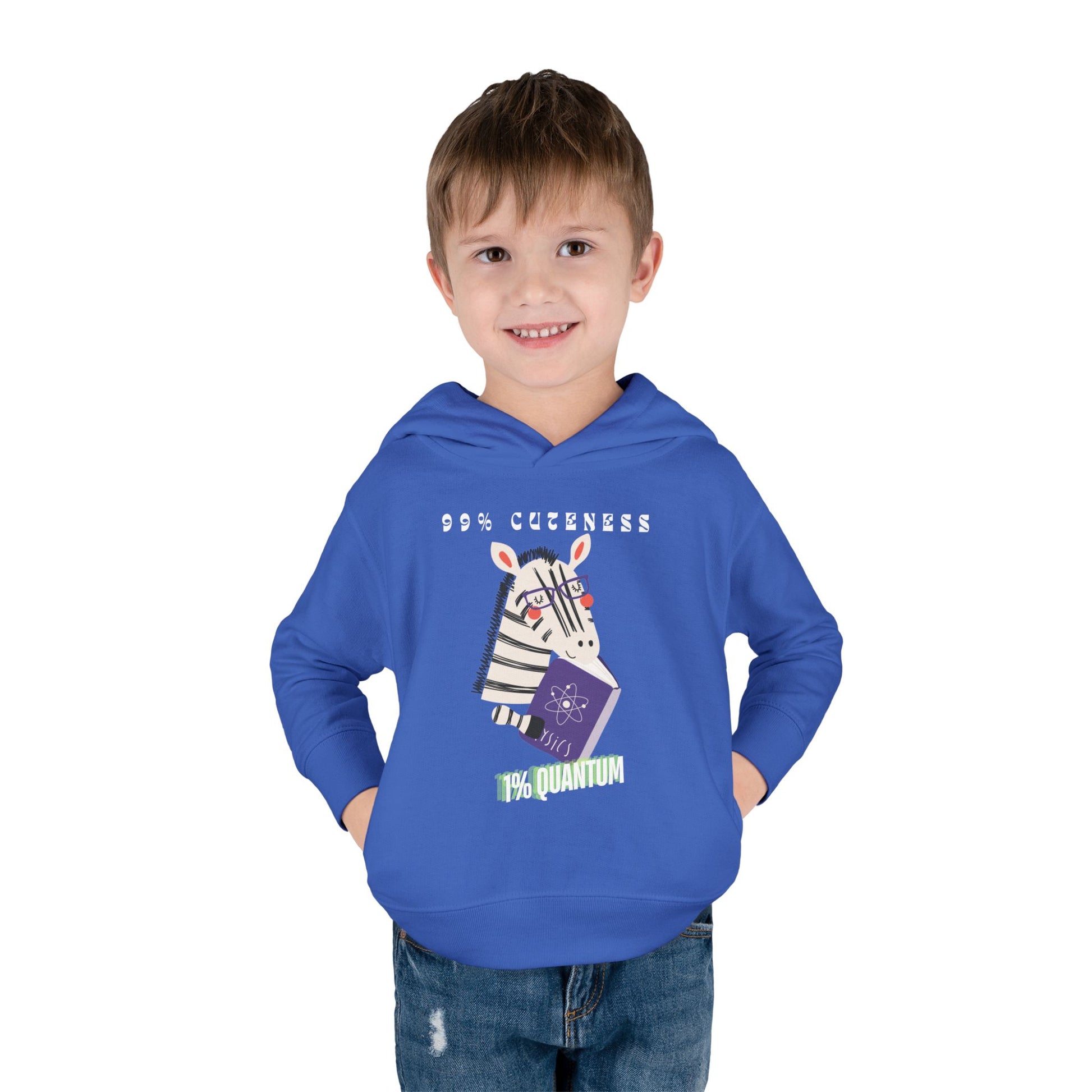 Boy wearing a blue toddler hoodie with a zebra reading a book and text '99% Cuteness 1% Quantum'