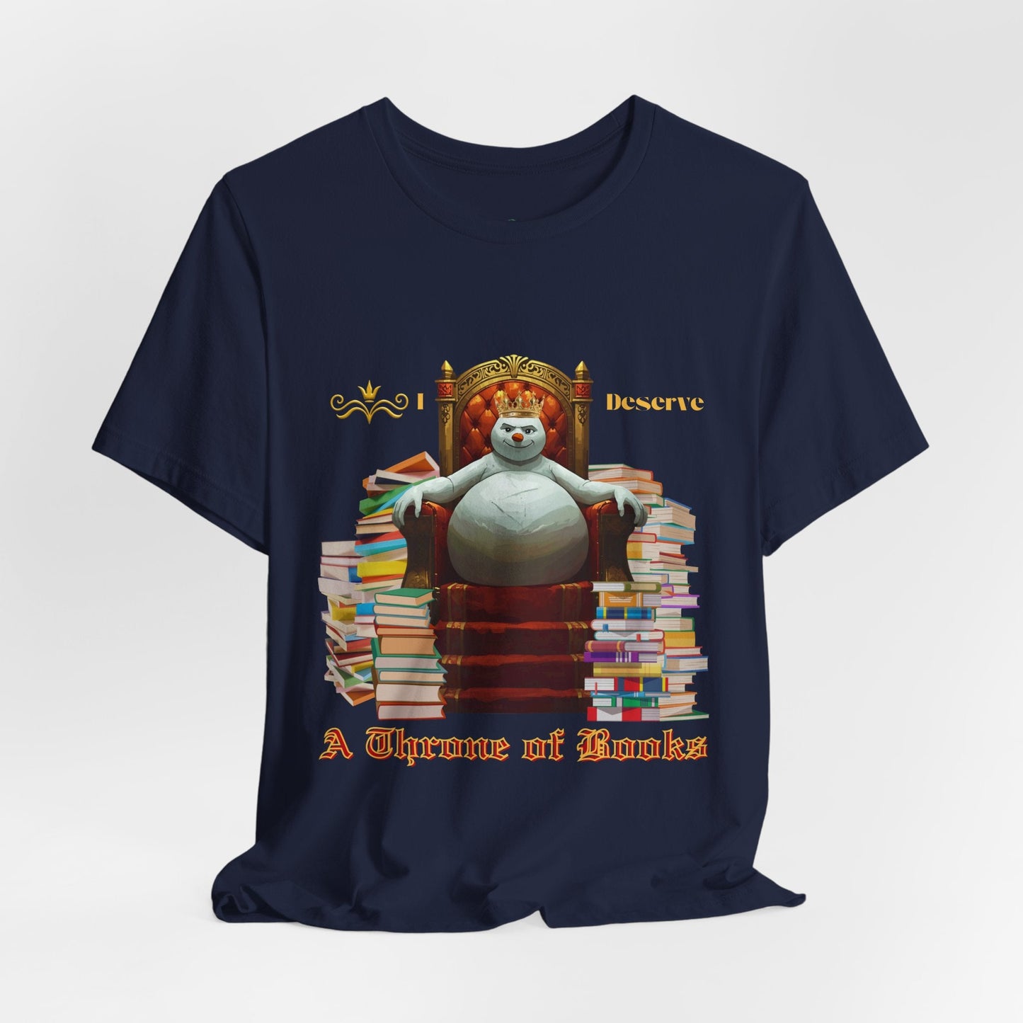Teen/Adult Unisex A Throne of Books T-Shirt â€“ Snowman Holiday Reading Design Printify