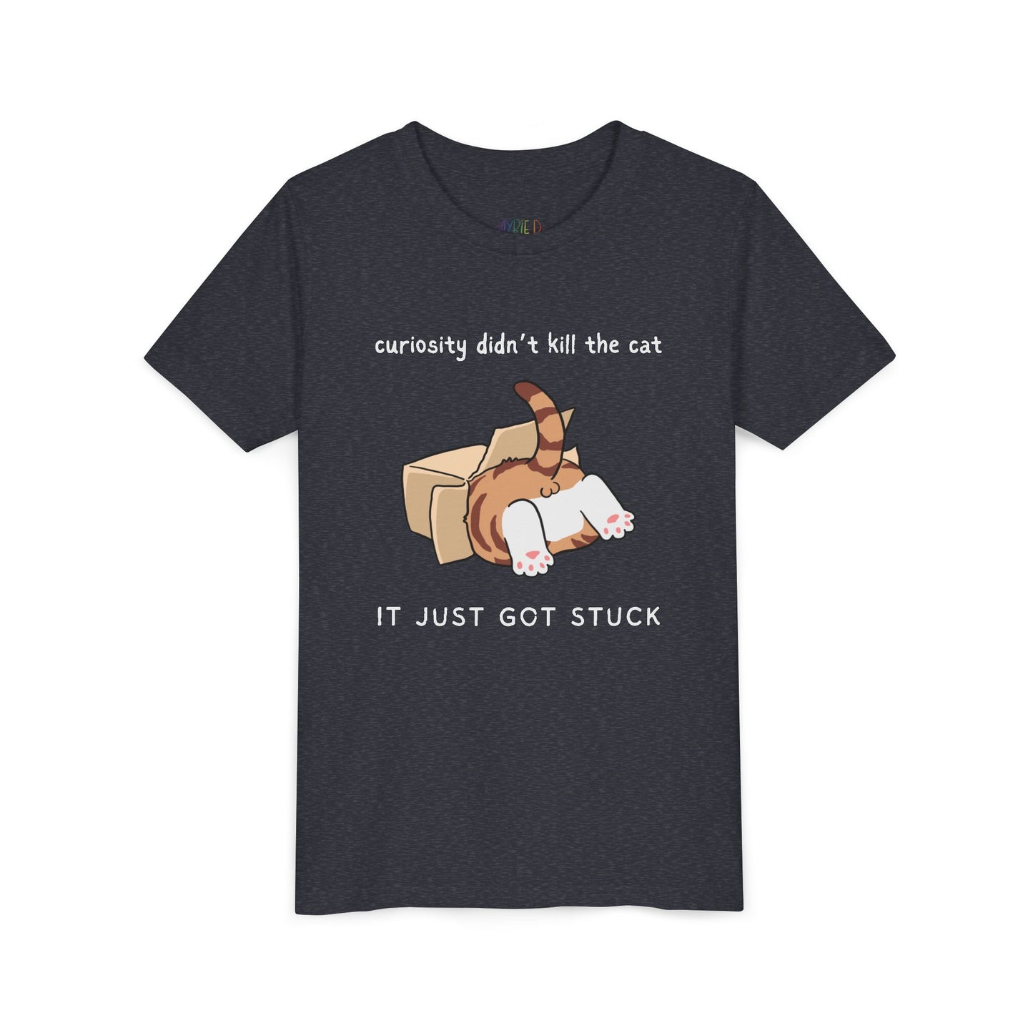 Youth Curiosity Just Got Stuck T-Shirt – Funny Cat Lovers' Tee for Young Readers