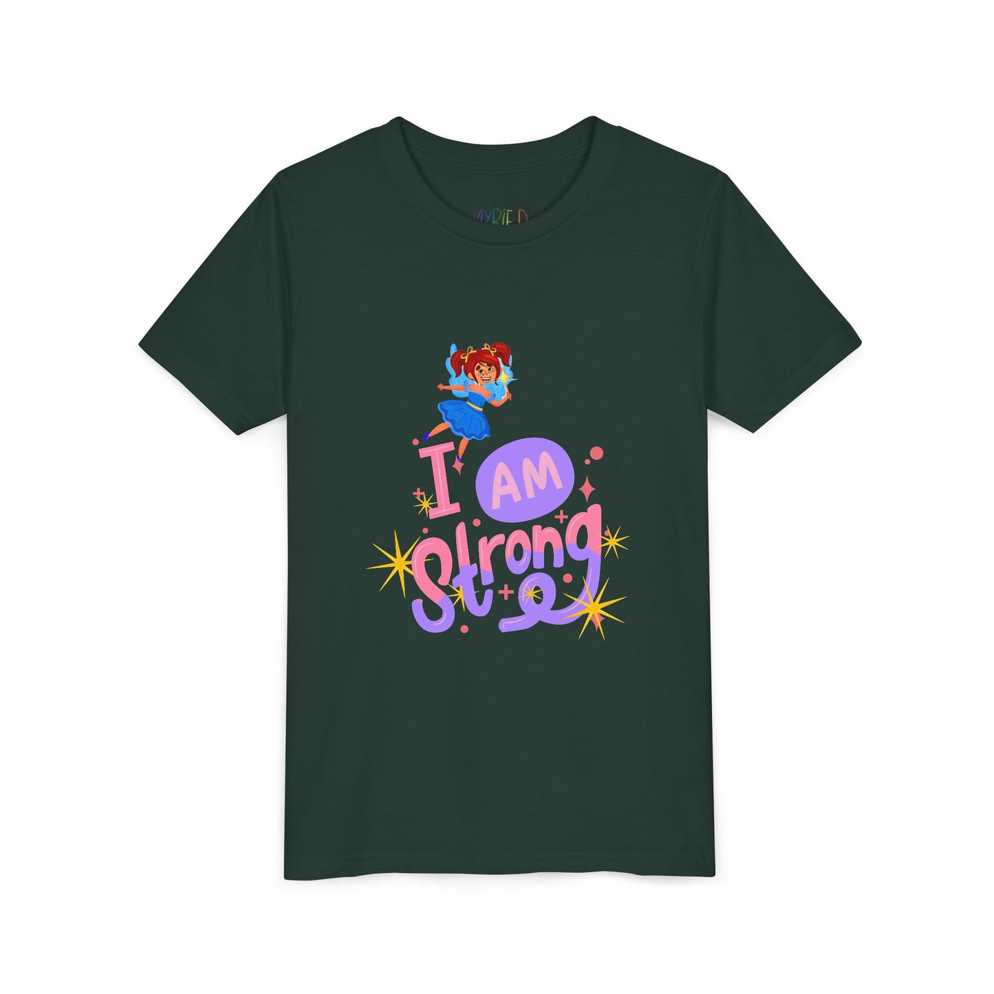Dark green t-shirt with a colorful fairy graphic and text 'I AM STRONG'