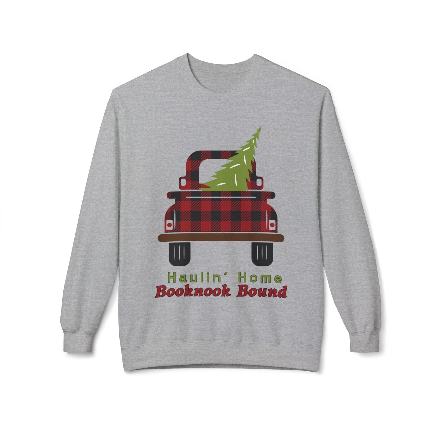 Teen/Adult Unisex Haulinâ€™ Home Booknook Bound Sweatshirt â€“ Cozy Holiday Plaid Truck Design Printify