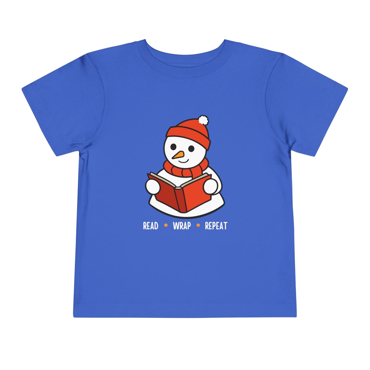 Blue toddler t-shirt with a snowman reading a book design, and text 'Read, Wrap, Repeat' on a white background