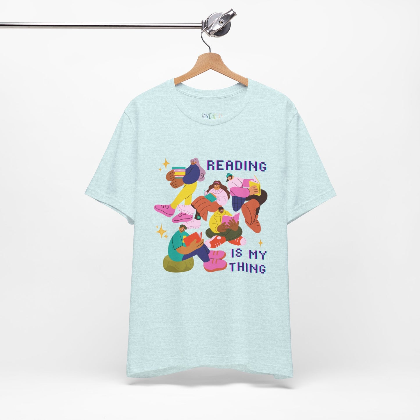 Light ice blue t-shirt with colorful modern people reading books and 'Reading is my thing' text 