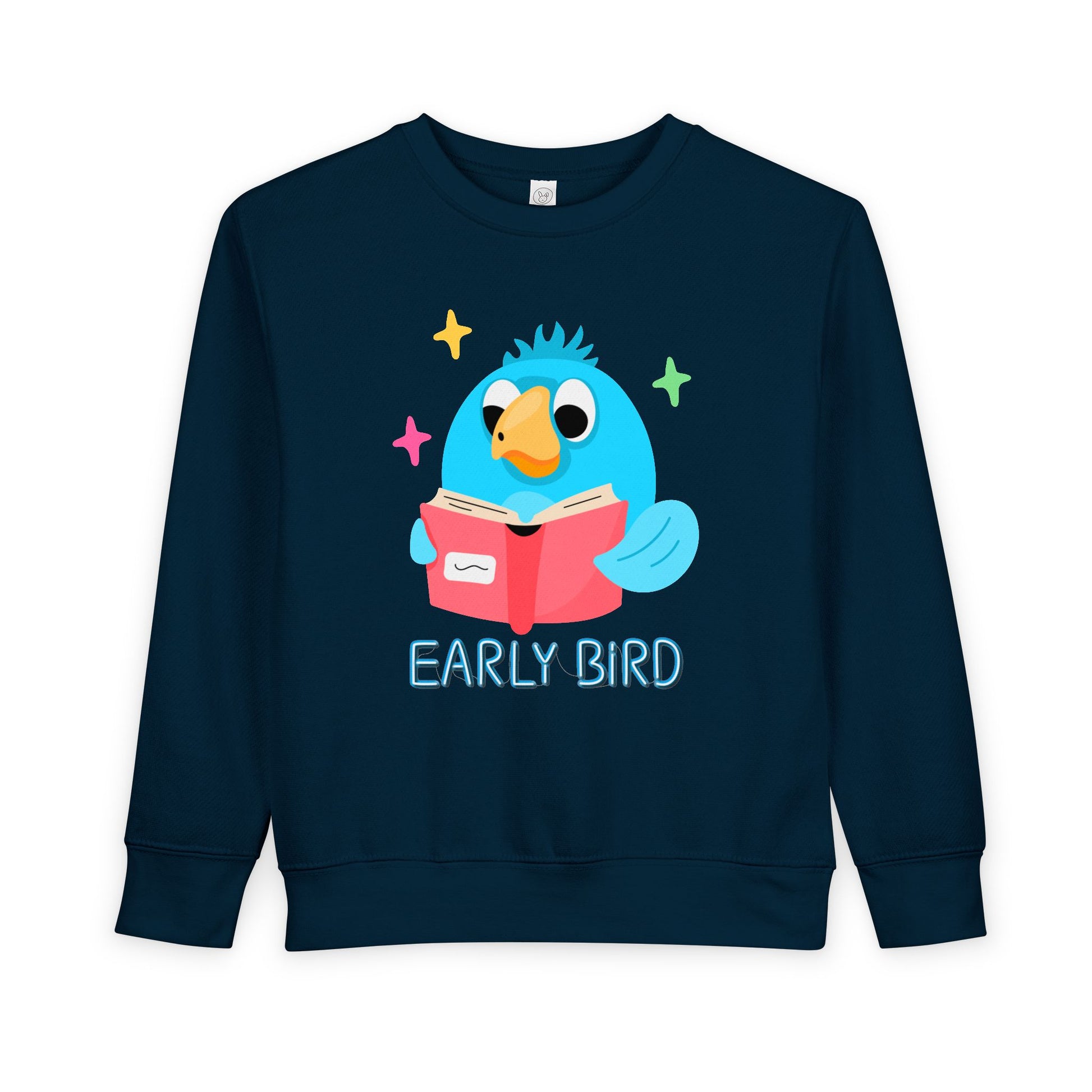 Navy toddler sweatshirt featuring a cheerful blue bird reading a red book with colorful stars around it and the words 'Early Bird' on a white background