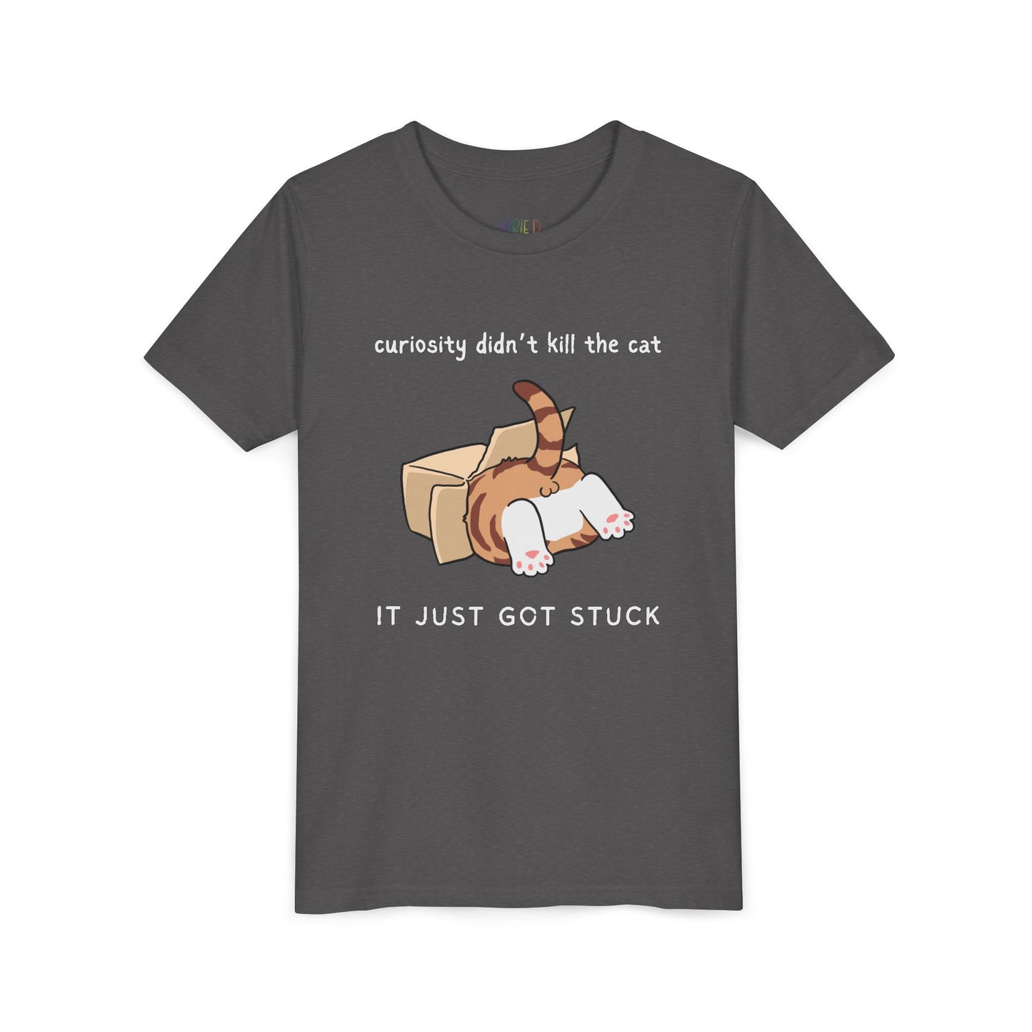 Youth Curiosity Just Got Stuck T-Shirt – Funny Cat Lovers' Tee for Young Readers