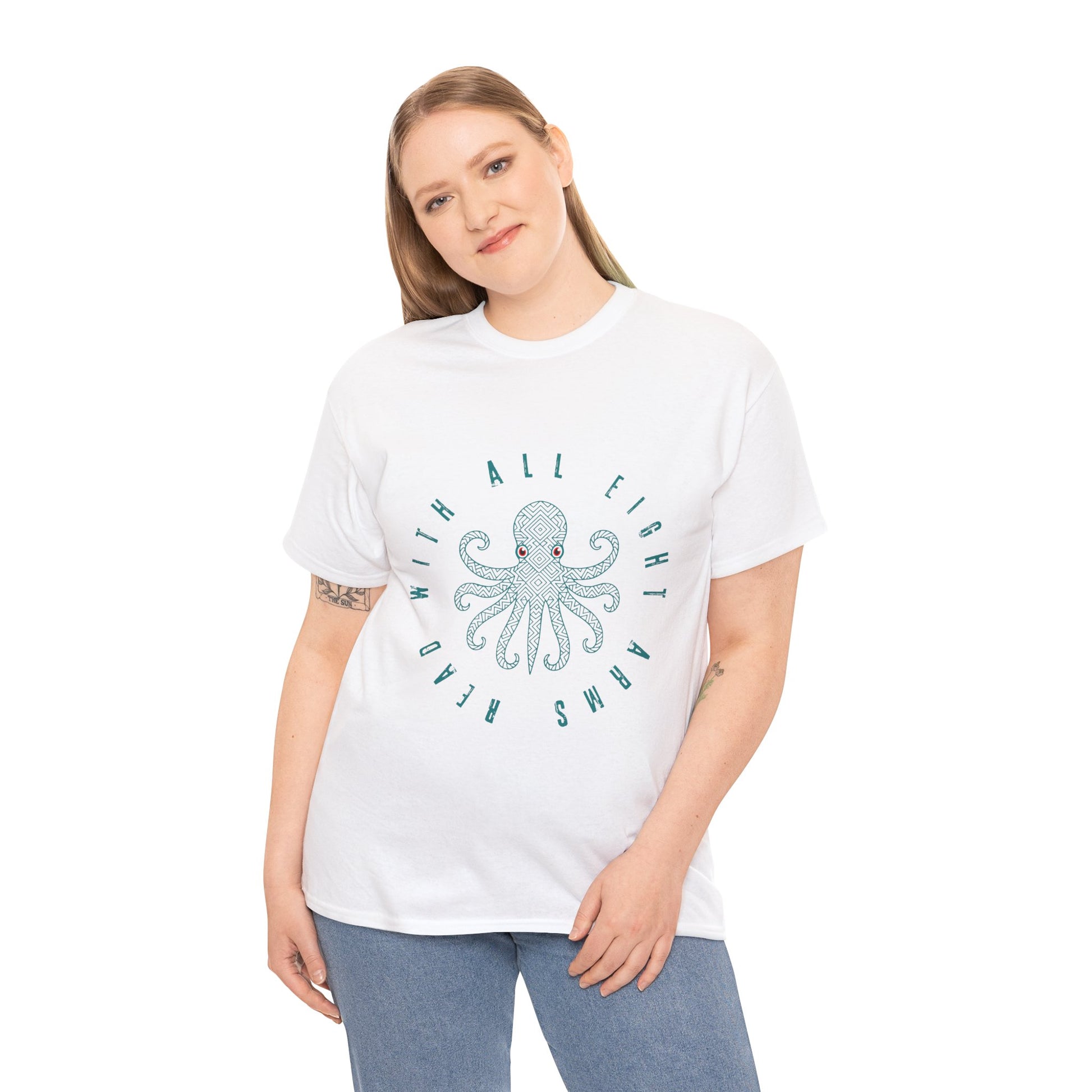 Woman wearing a white t-shirt with a red eyed octopus and text 'Read With All Eight Arms'