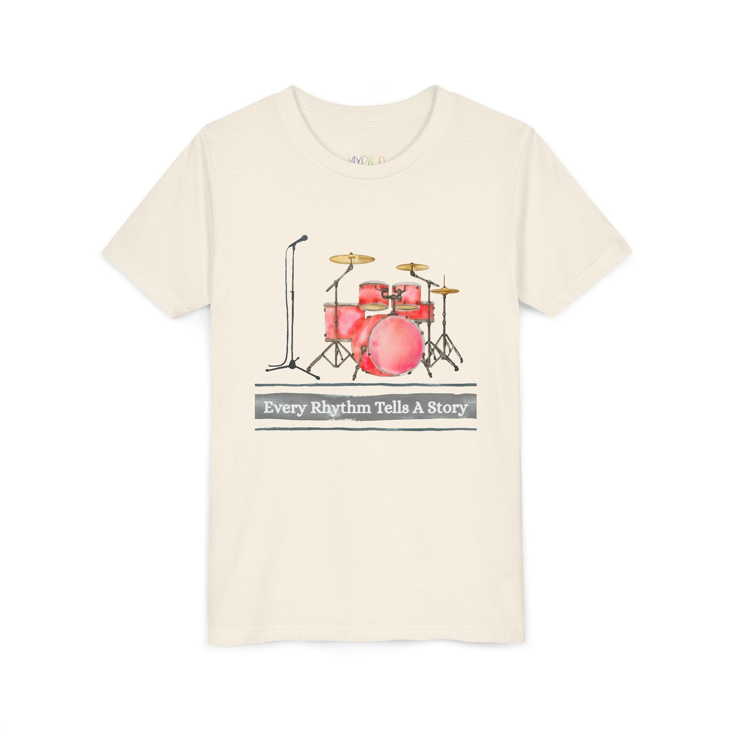Beige t-shirt with a microphone, drum set and text 'Every Rhythm Tells A Story' 
