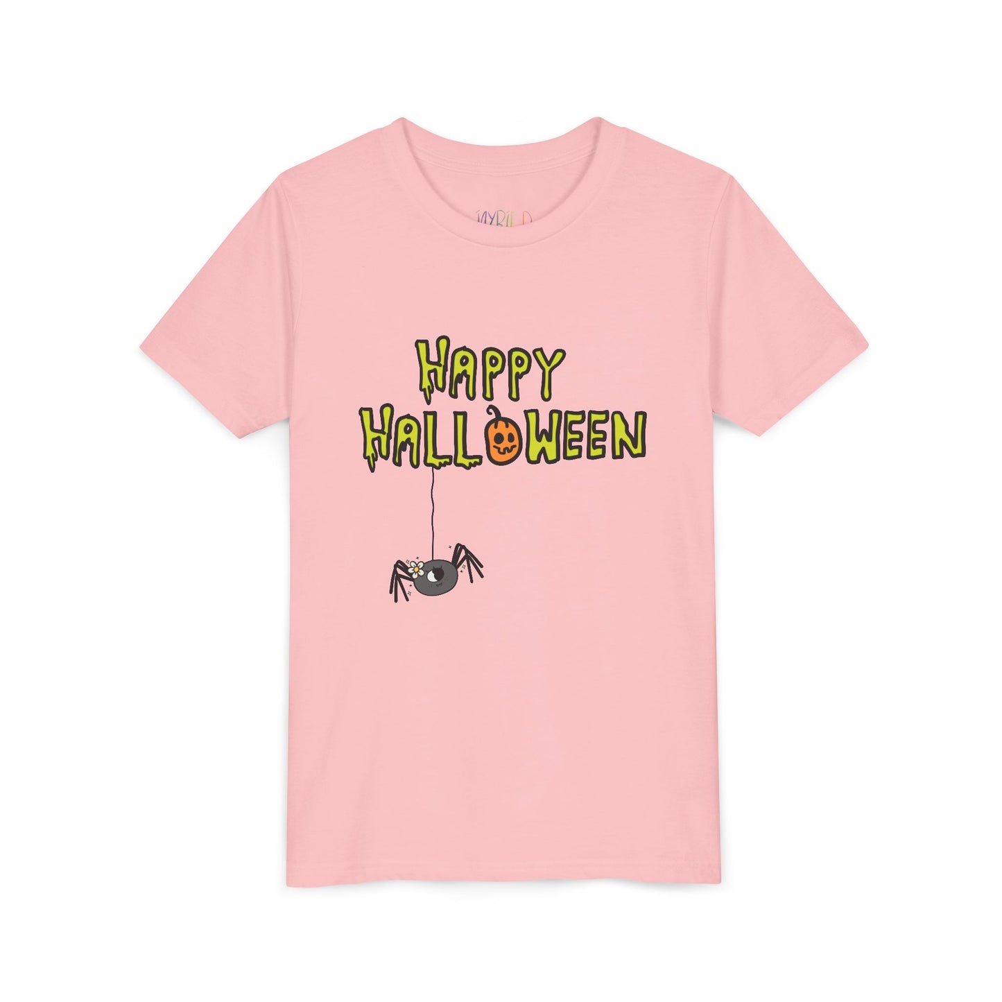 Pink t-shirt with creepy 'Happy Halloween' text and dangling spider