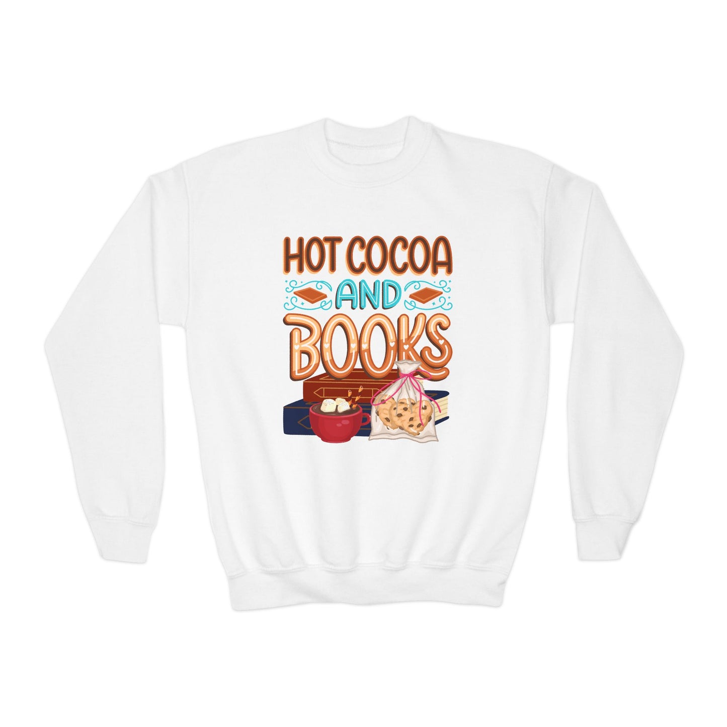 White sweatshirt with text 'Hot Cocoa and Books' text, a couple of books, hot chocolate and chocolate chip cookies on a white background