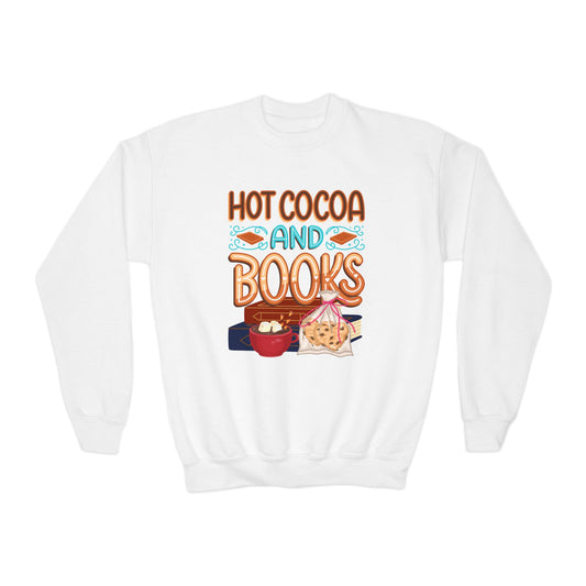 White sweatshirt with text 'Hot Cocoa and Books' text, a couple of books, hot chocolate and chocolate chip cookies on a white background