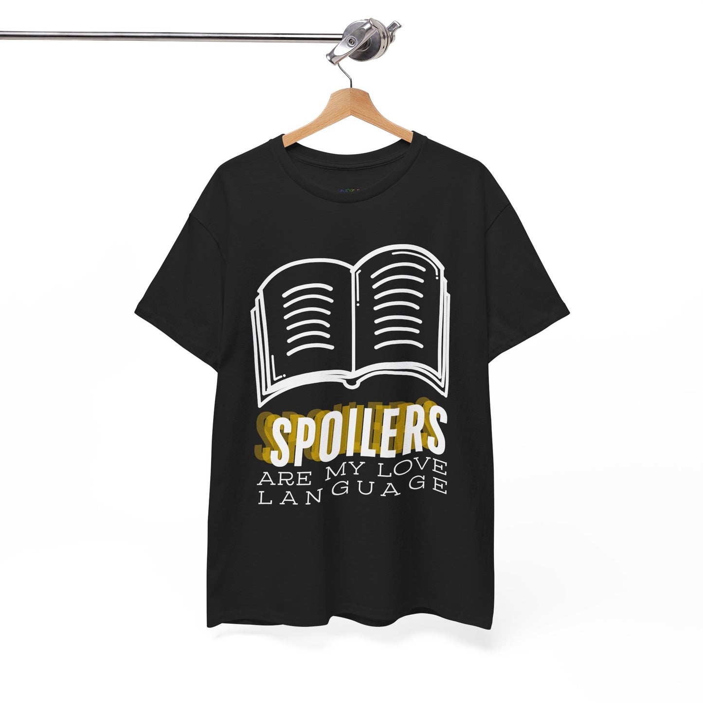 Black t-shirt with a white book graphic and text 'SPOILERS are my love language'