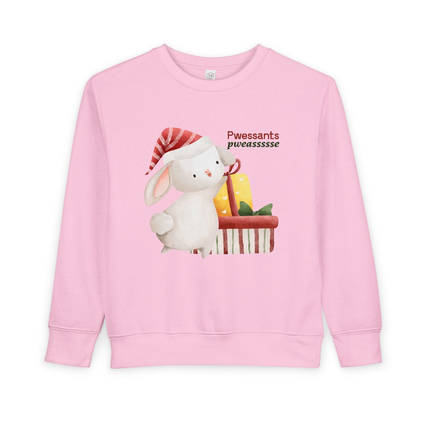 Pink toddler sweatshirt with a cartoon bunny wearing a Christmas Hat and reaching for presents, text 'Pwessants Pweassssse'
