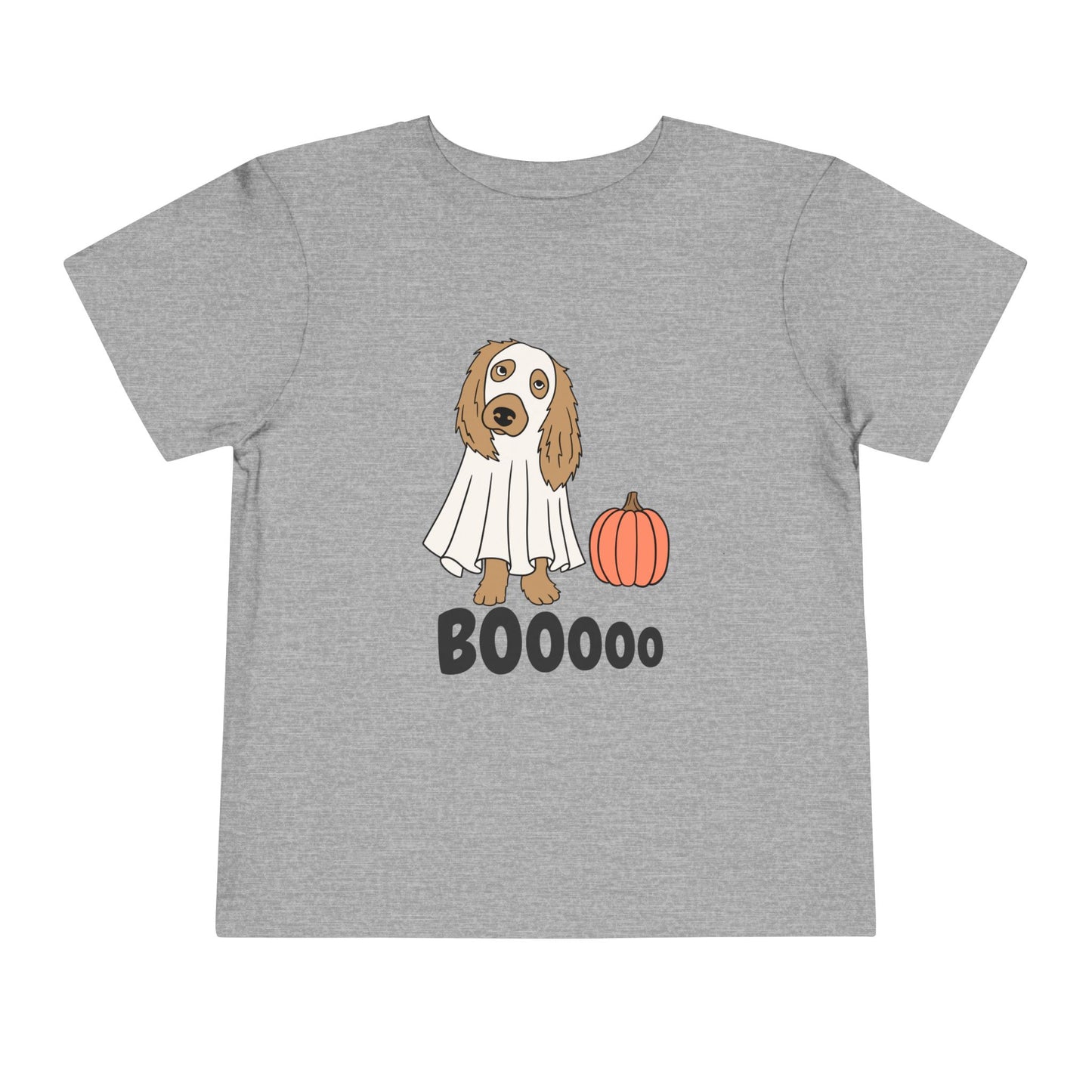 Light gray toddler t-shirt with a dog in a ghost costume, a pumpkin and text 'Booooo' 