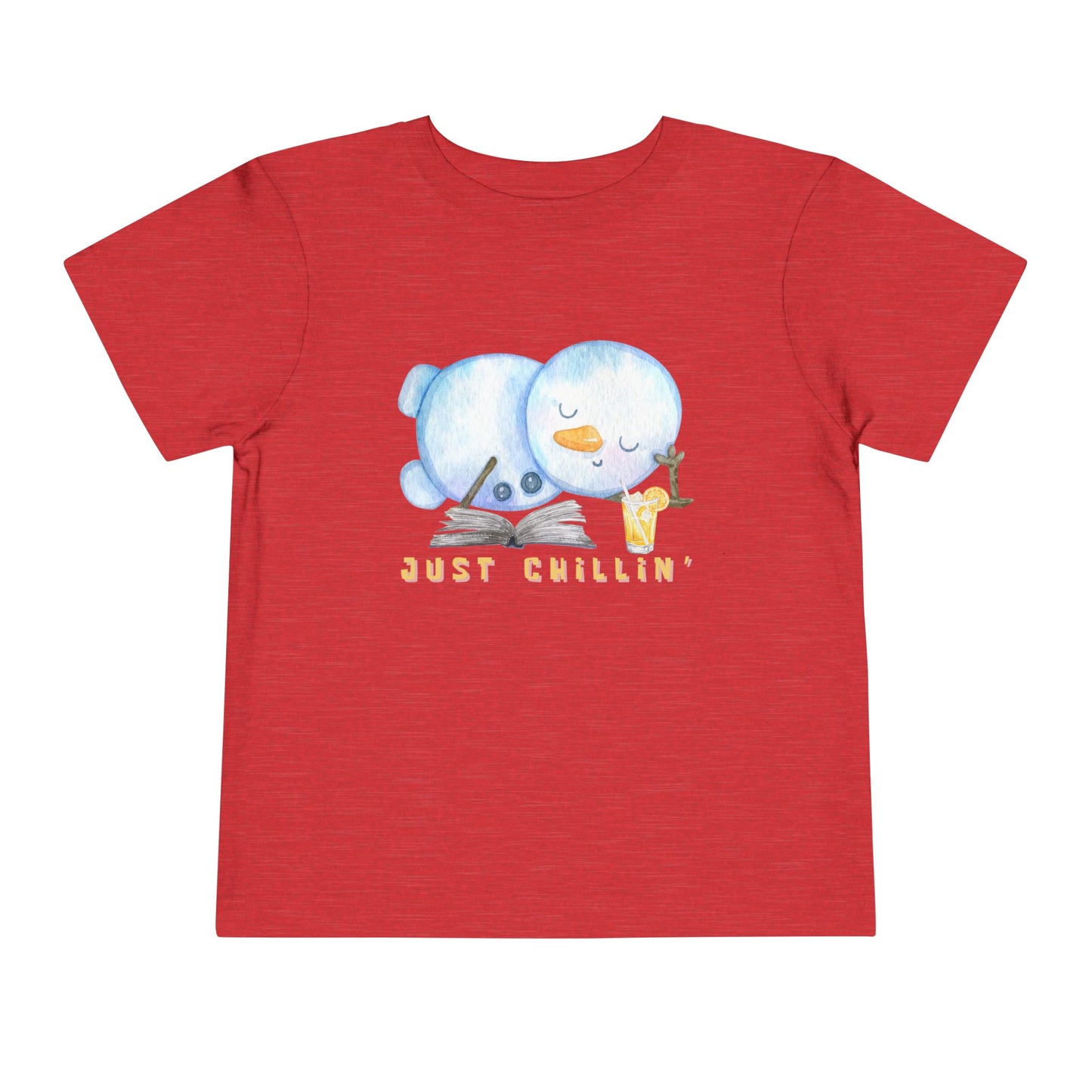 Red toddler t-shirt with a snowman laying down with a good book and cold drink, 'Just Chillin' text on a white background