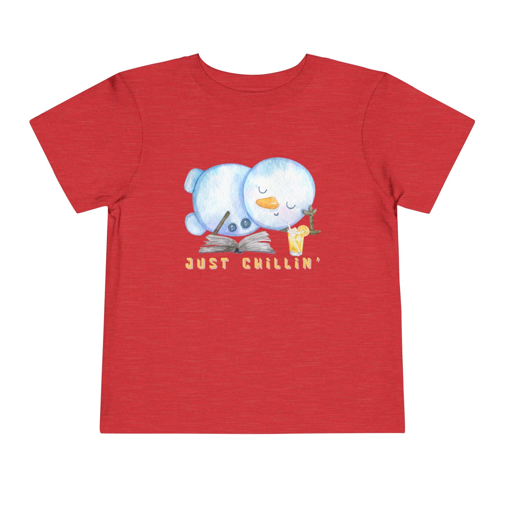 Red toddler t-shirt with a snowman laying down with a good book and cold drink, 'Just Chillin' text on a white background