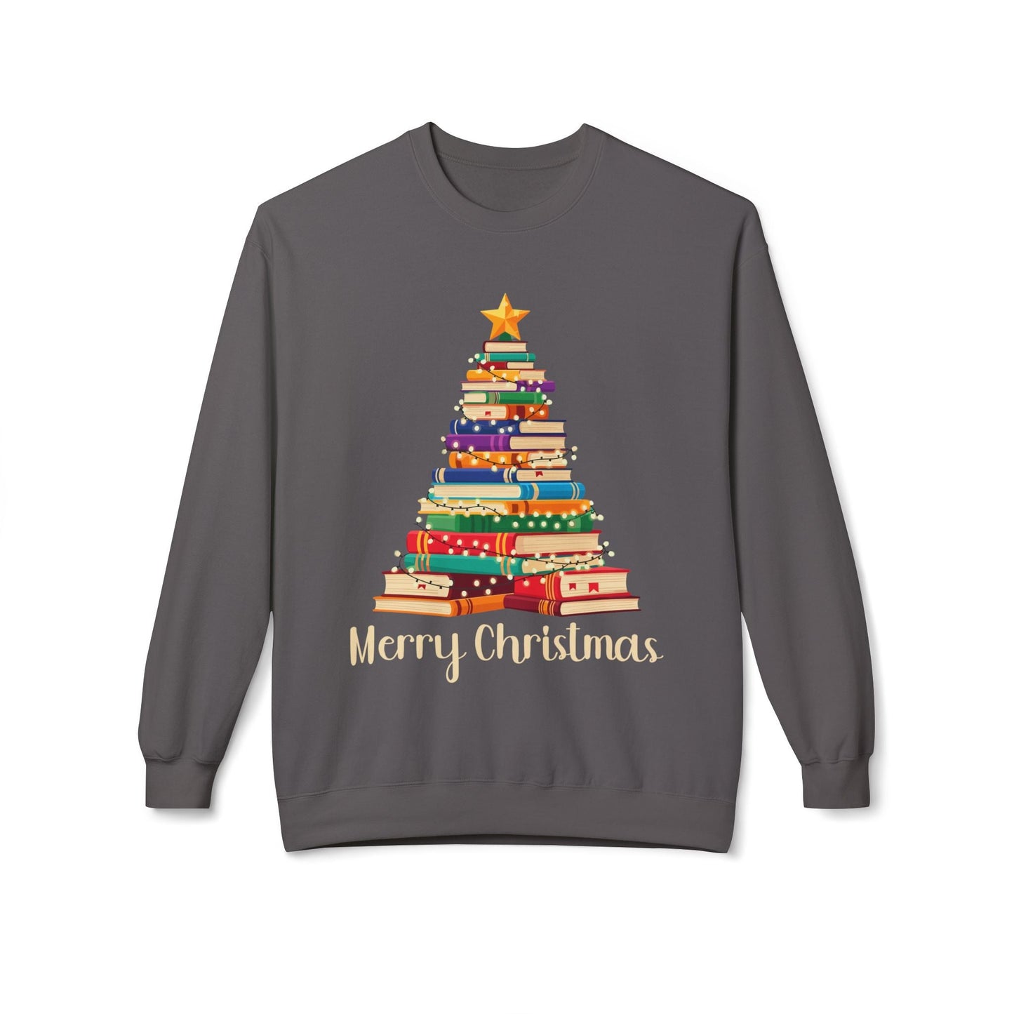 Teen/Adult Unisex Merry Christmas Book Tree Sweatshirt â€“ Stacked Books Holiday Design Printify