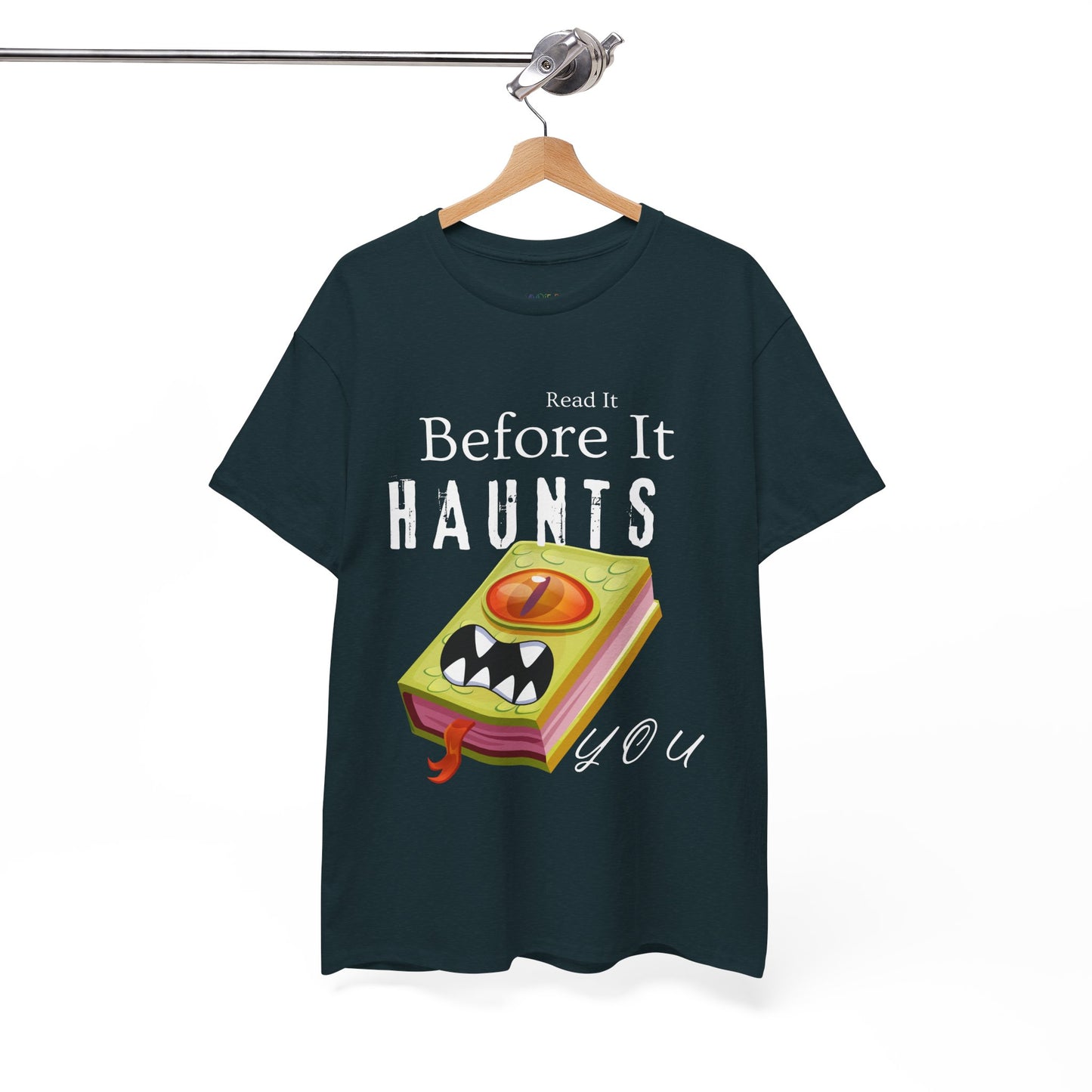 Teen/Adult Unisex Read It Before It Haunts You T-Shirt â€“ Monster Book Horror Tee