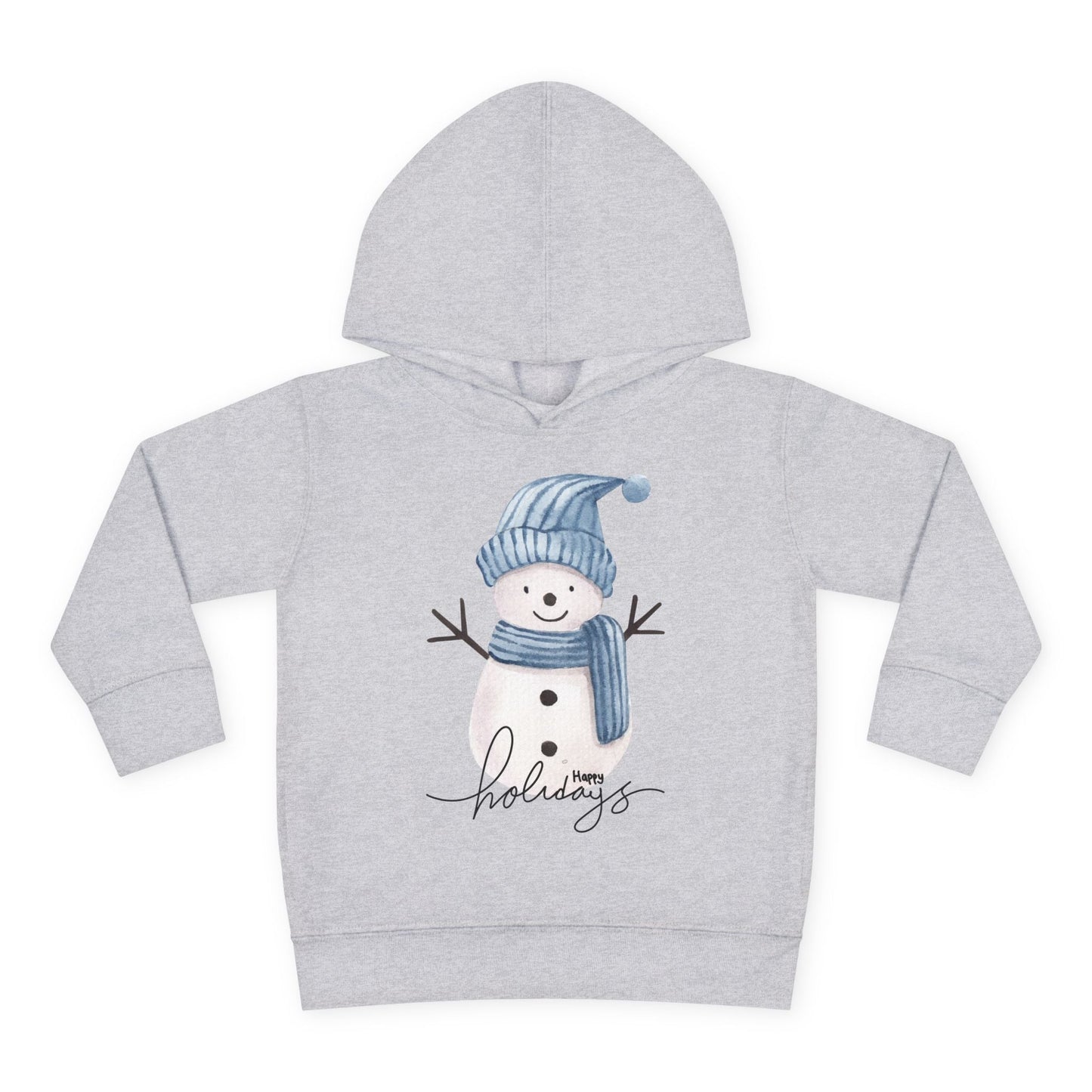 Gray toddler hoodie with a snowman, wearing a blue scarf and hat, text 'Happy Holidays' on a white background