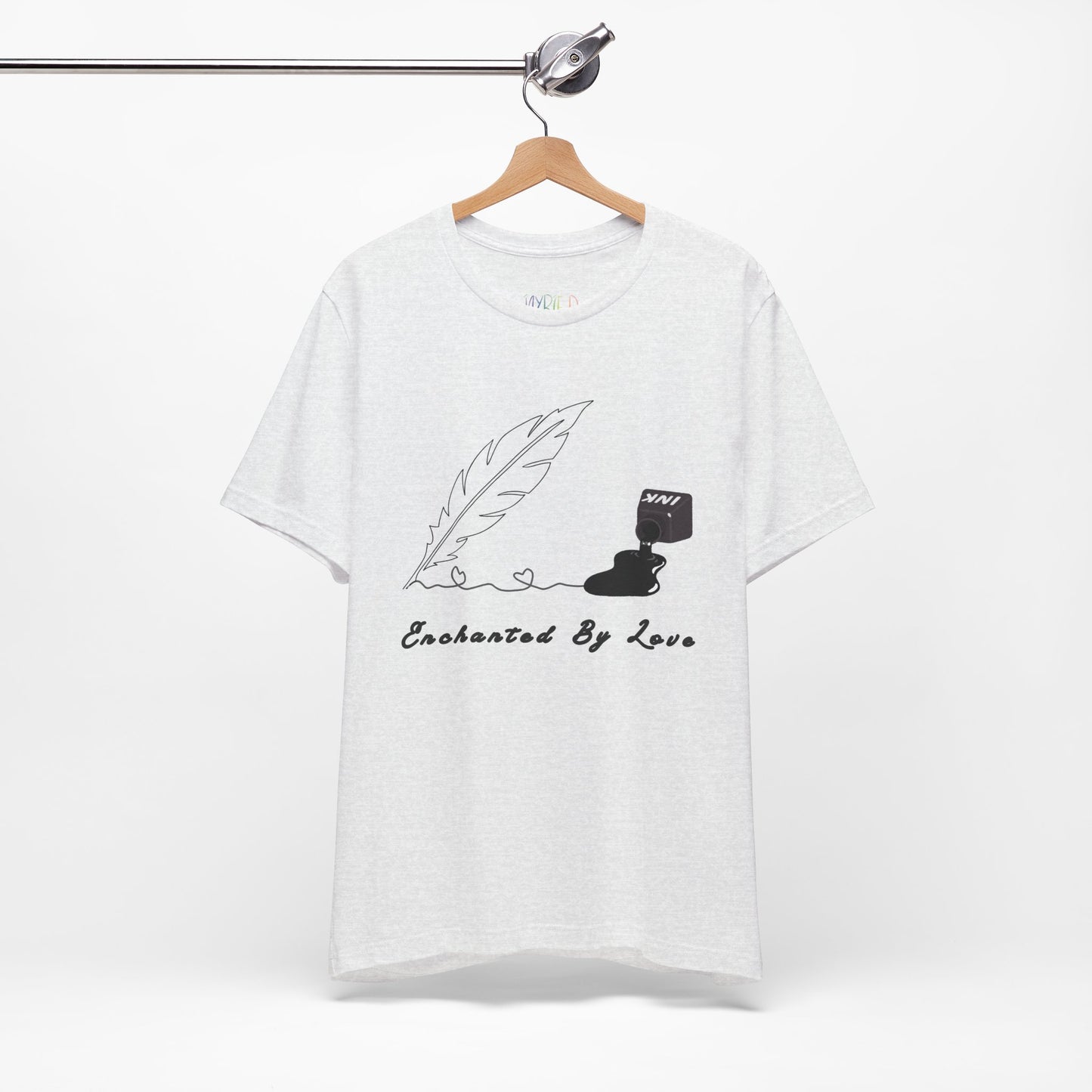 Ash t-shirt with a black sketched feather quill, spilled ink and text 'Enchanted By Love'