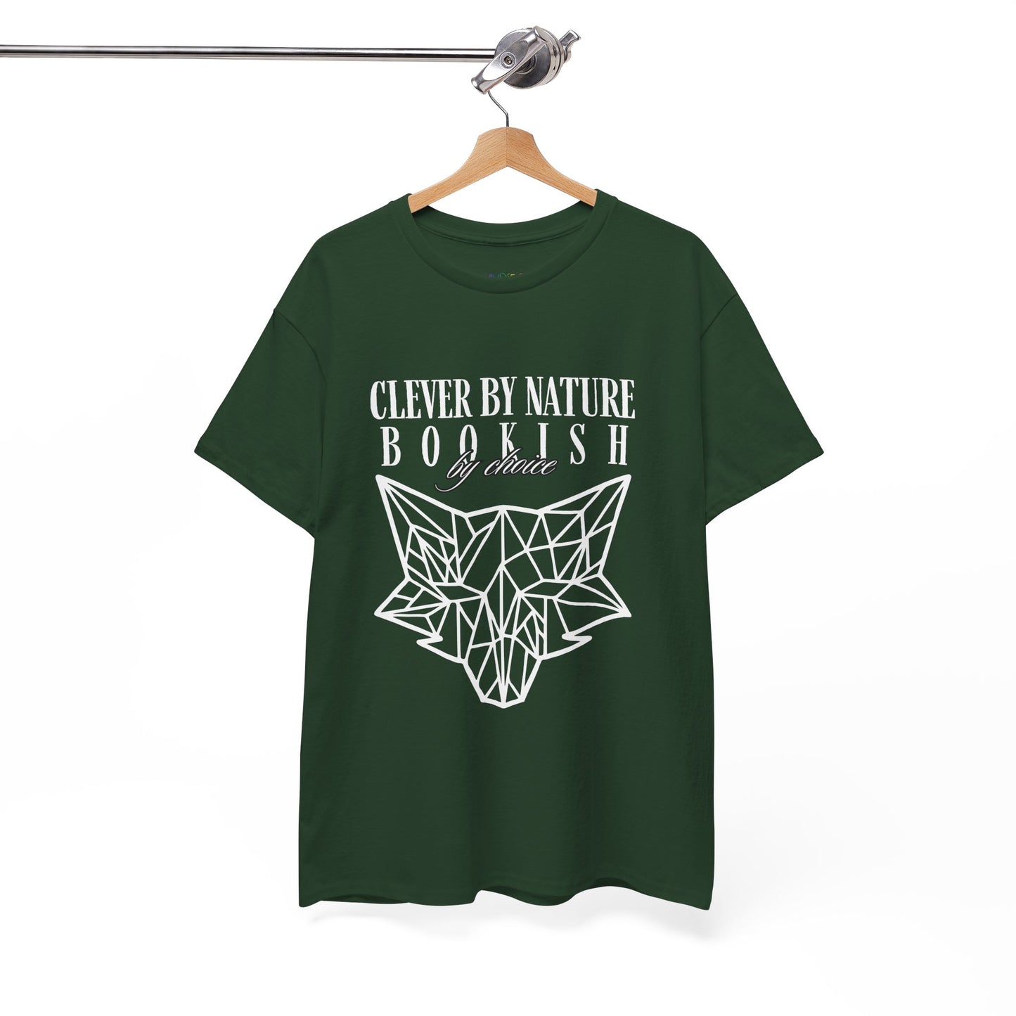 Dark green t-shirt with white geometric fox design and text 'Clever by Nature, Bookish By Choice'