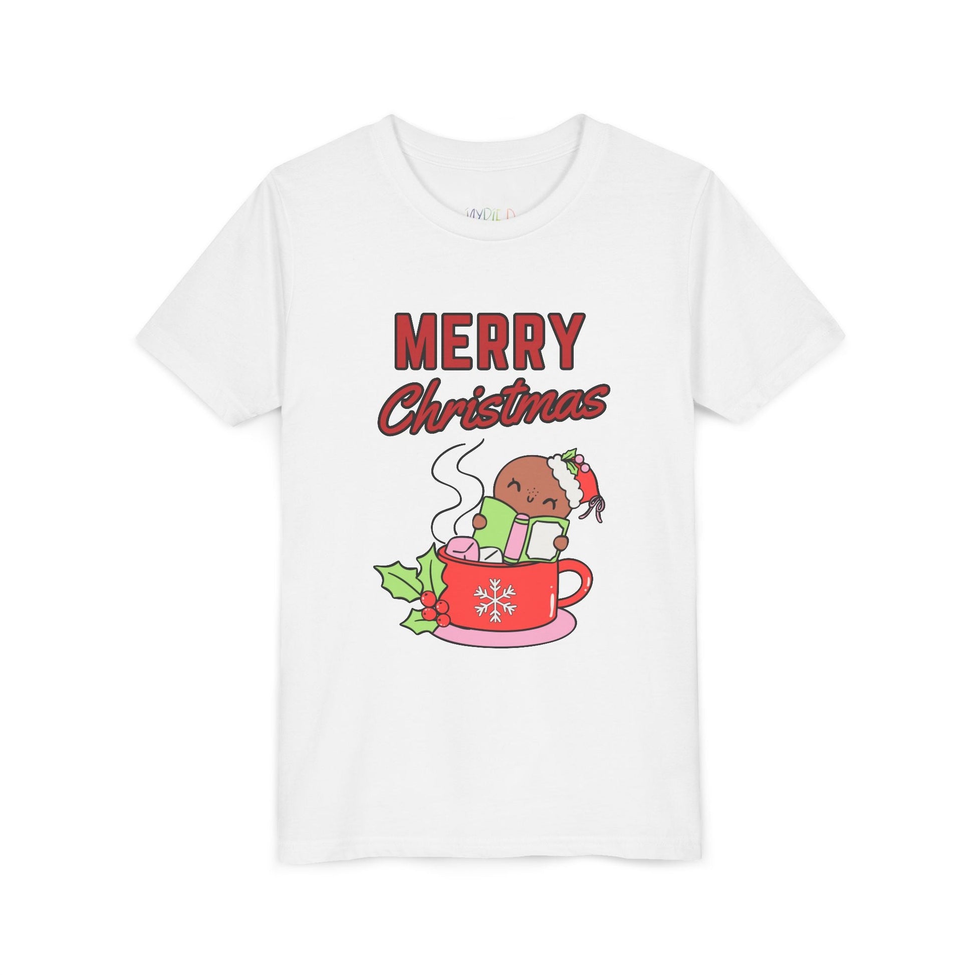 Youth Merry Christmas Cocoa Dip T-Shirt â€“ Gingerbread Reading Design Printify