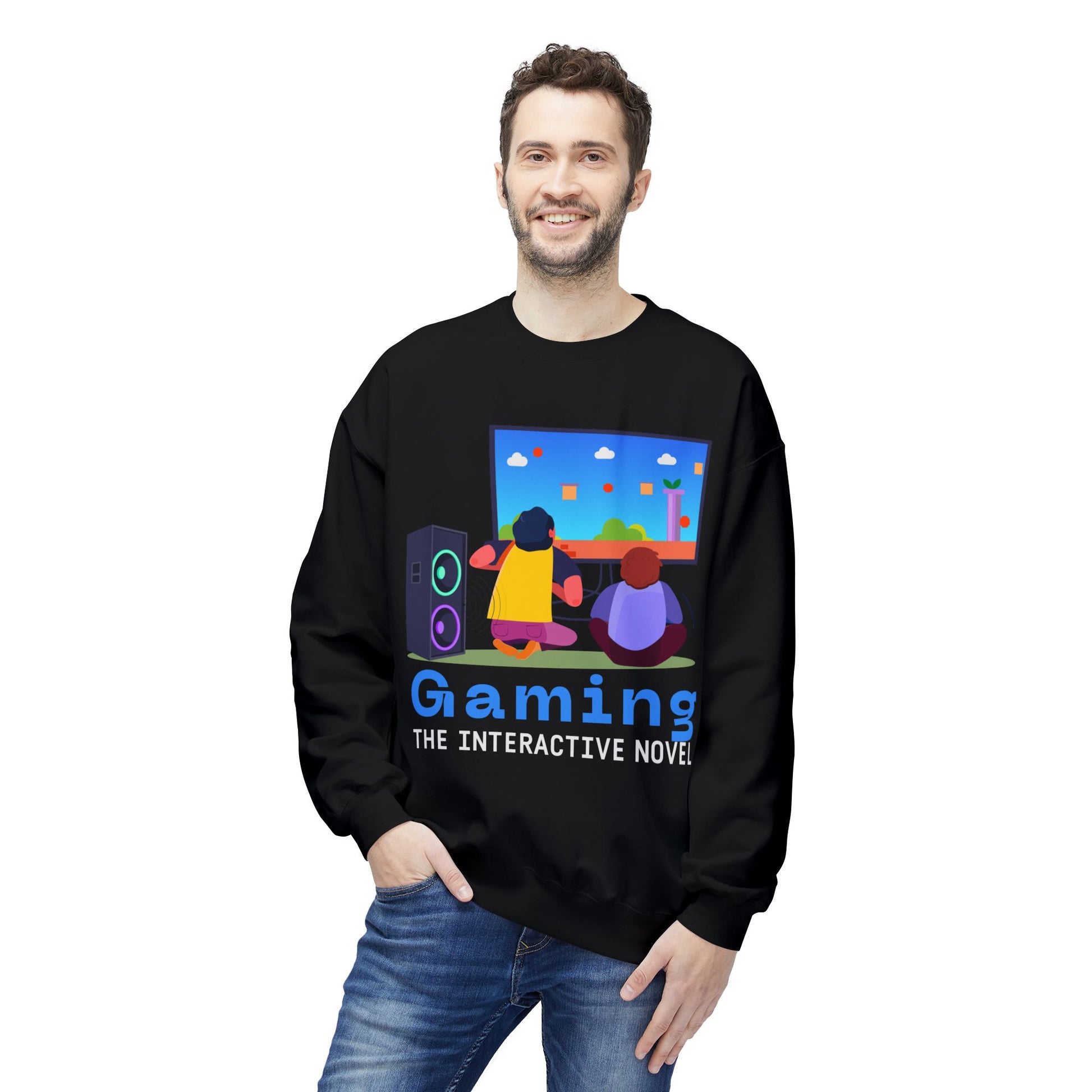 Man wearing a black sweatshirt with colorful graphic of two people playing a video game and text 'Gaming The Interactive Novel' 