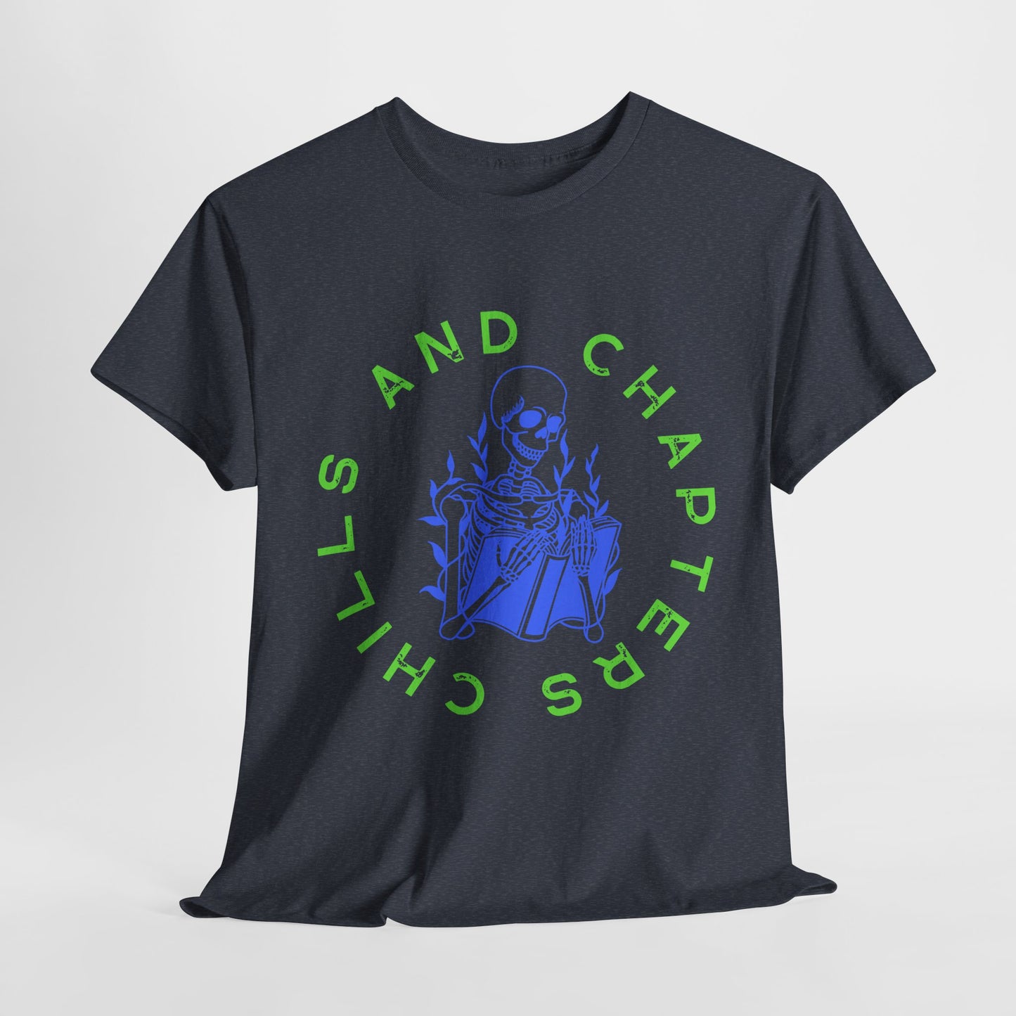 Teen/Adult Unisex Chills and Chapters T-Shirt – Skeleton Horror Reader Graphic Tee