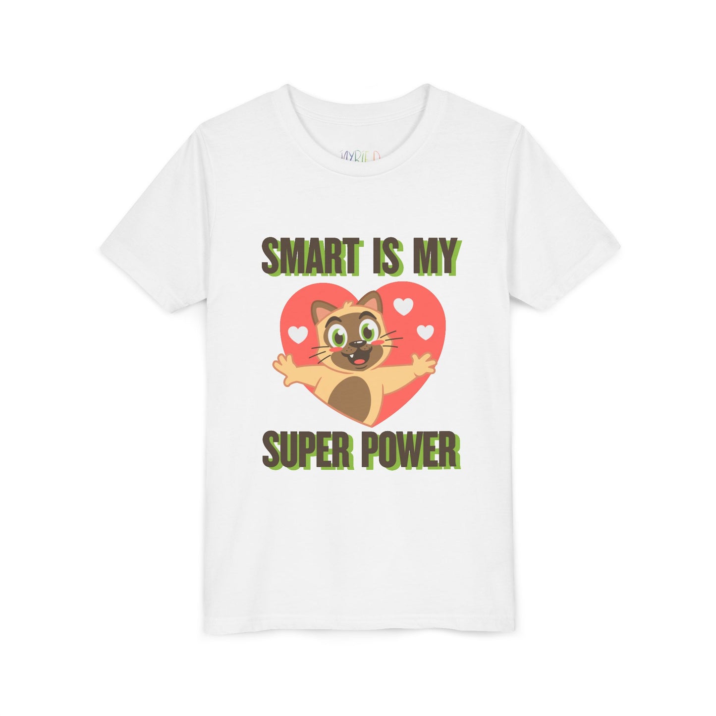White t-shirt with cartoon cat character in a pink/coral heart and text 'Smart Is My Super Power'