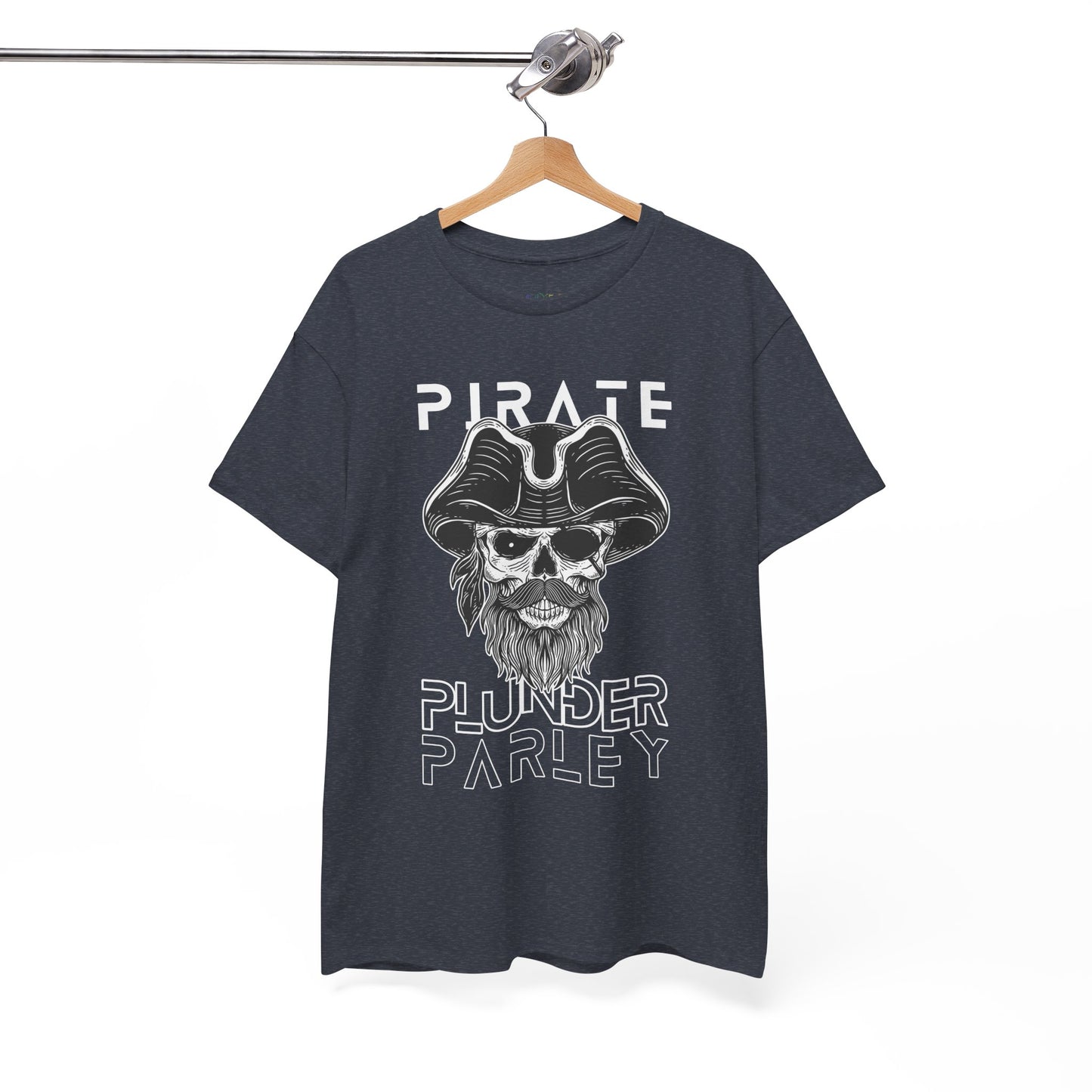 Gray t-shirt with a black and white pirate graphic and text 'Pirate. Plunder. Parley'