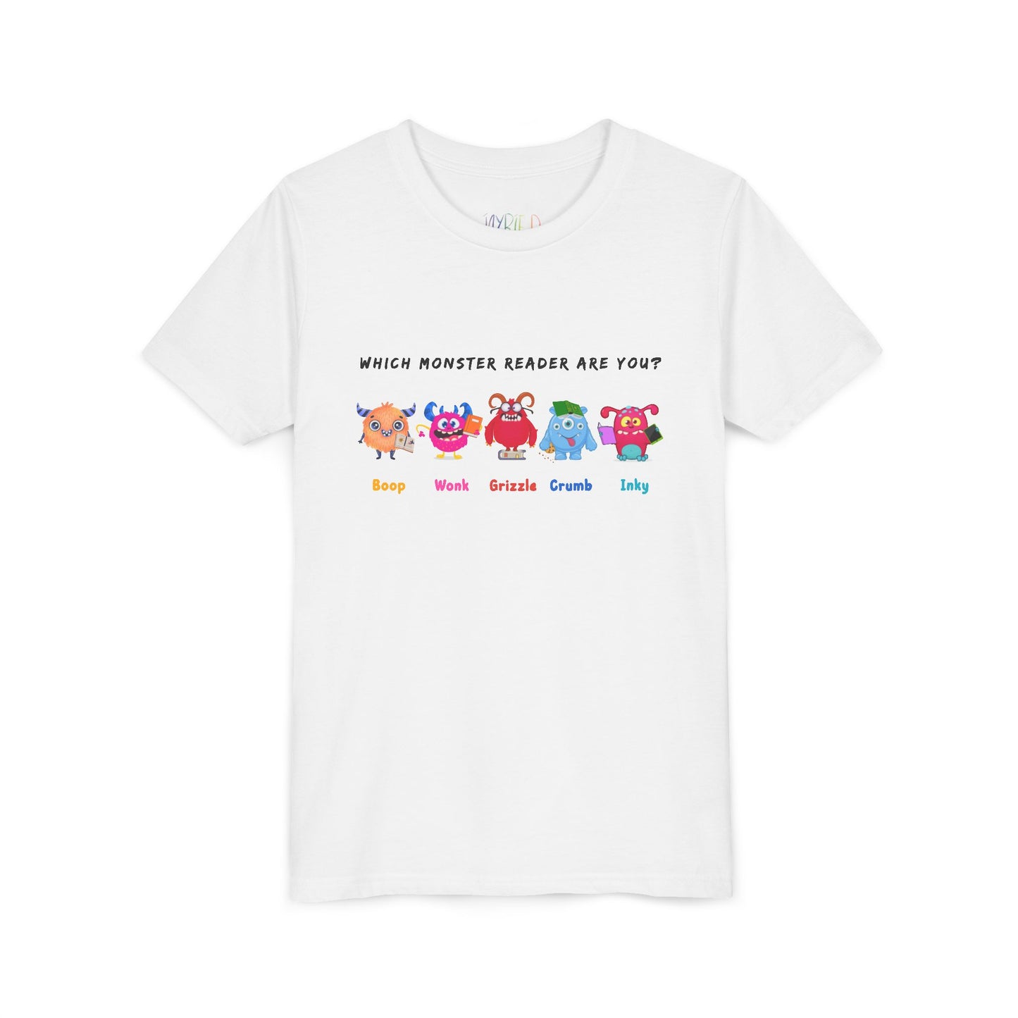 White t-shirt with colorful monster and text 'Which Monster Reader Are You?'
