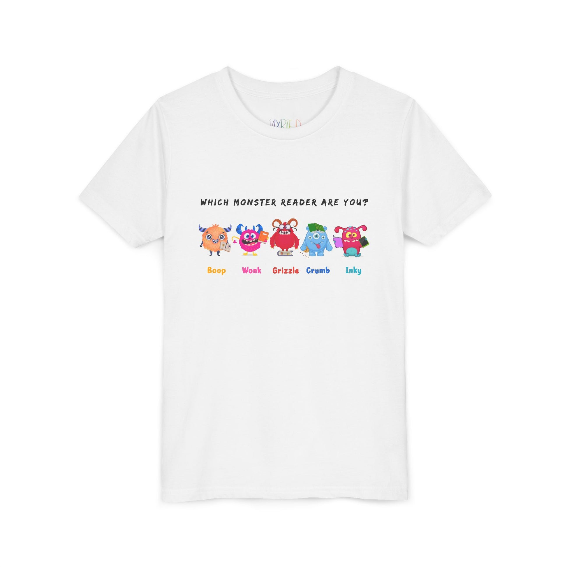 White t-shirt with colorful monster and text 'Which Monster Reader Are You?'