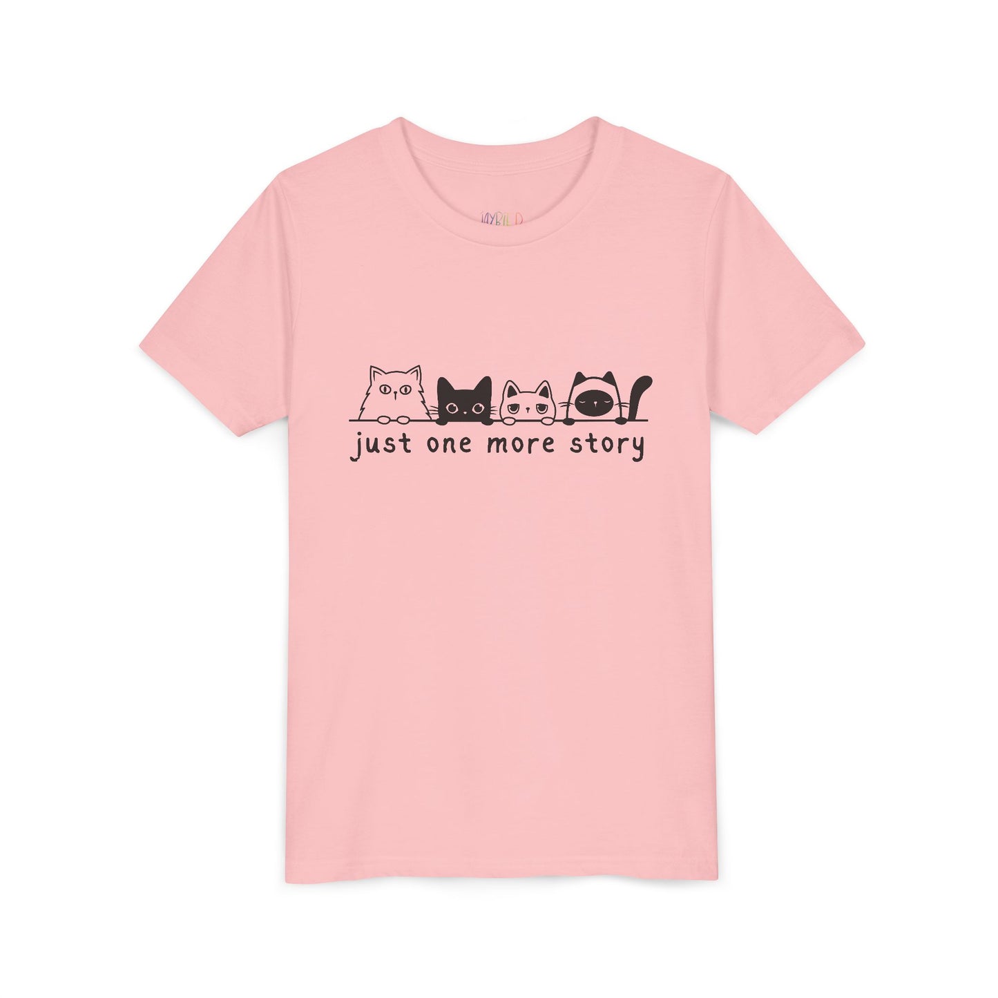 Pink t-shirt with a row of cats peaking over a line and text 'just one more story'