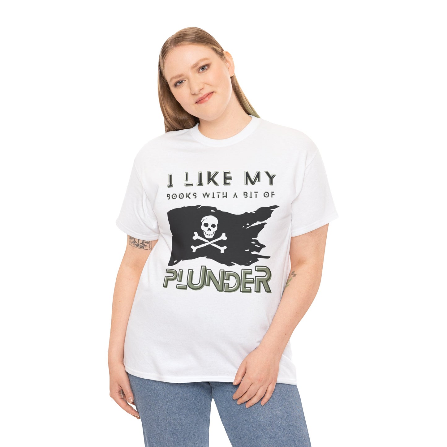 Woman wearing a white t-shirt with a pirate flag design and text 'I Like My Books With A Bit Of Plunder'