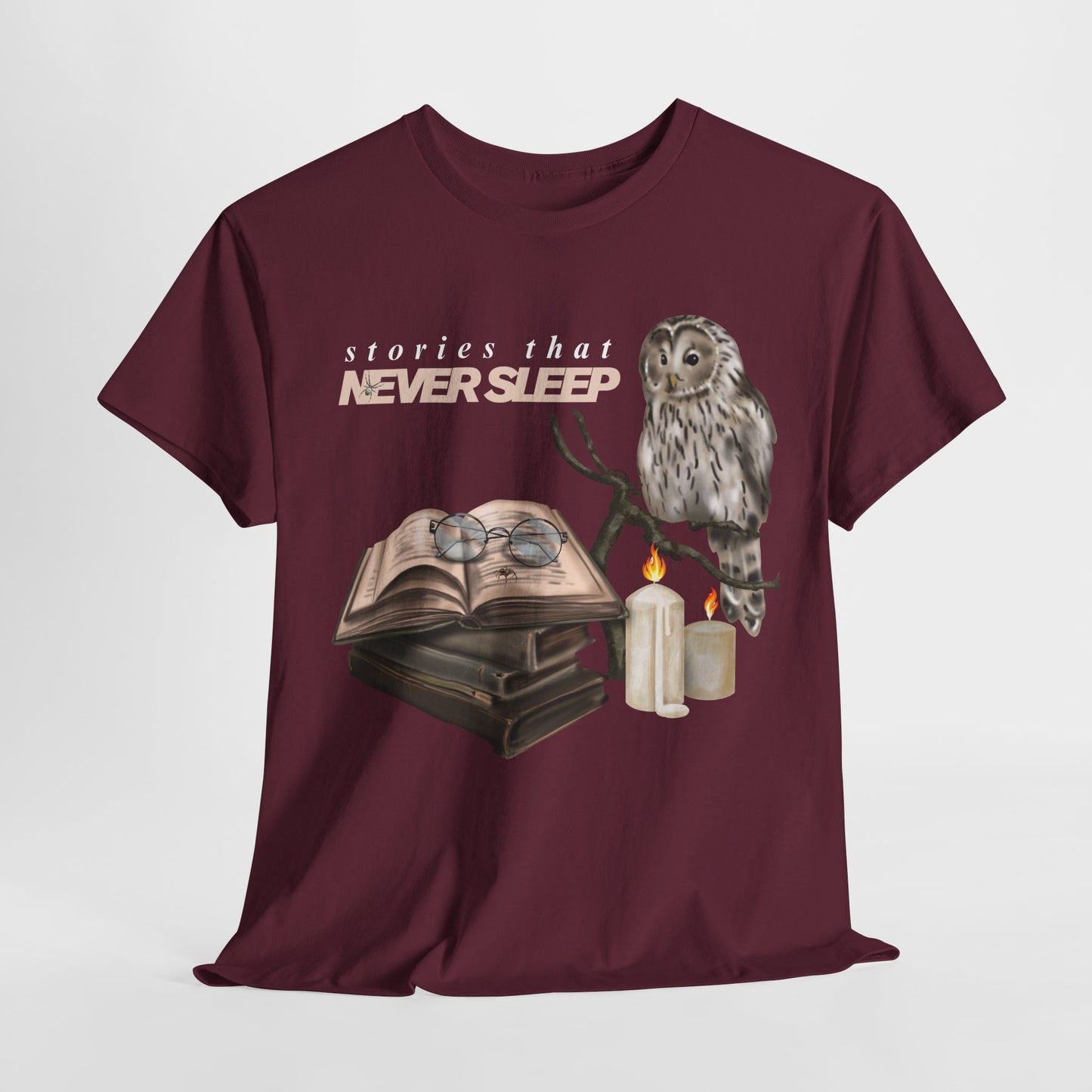 Teen/Adult Unisex "Stories That Never Sleep" Owl & Candlelight Book T-Shirt – Cozy Night Reader Tee