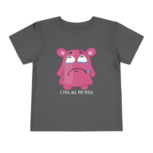 Gray t-shirt with a pink cartoon monster, dripping tears and text 'I Feel All The Feels' 