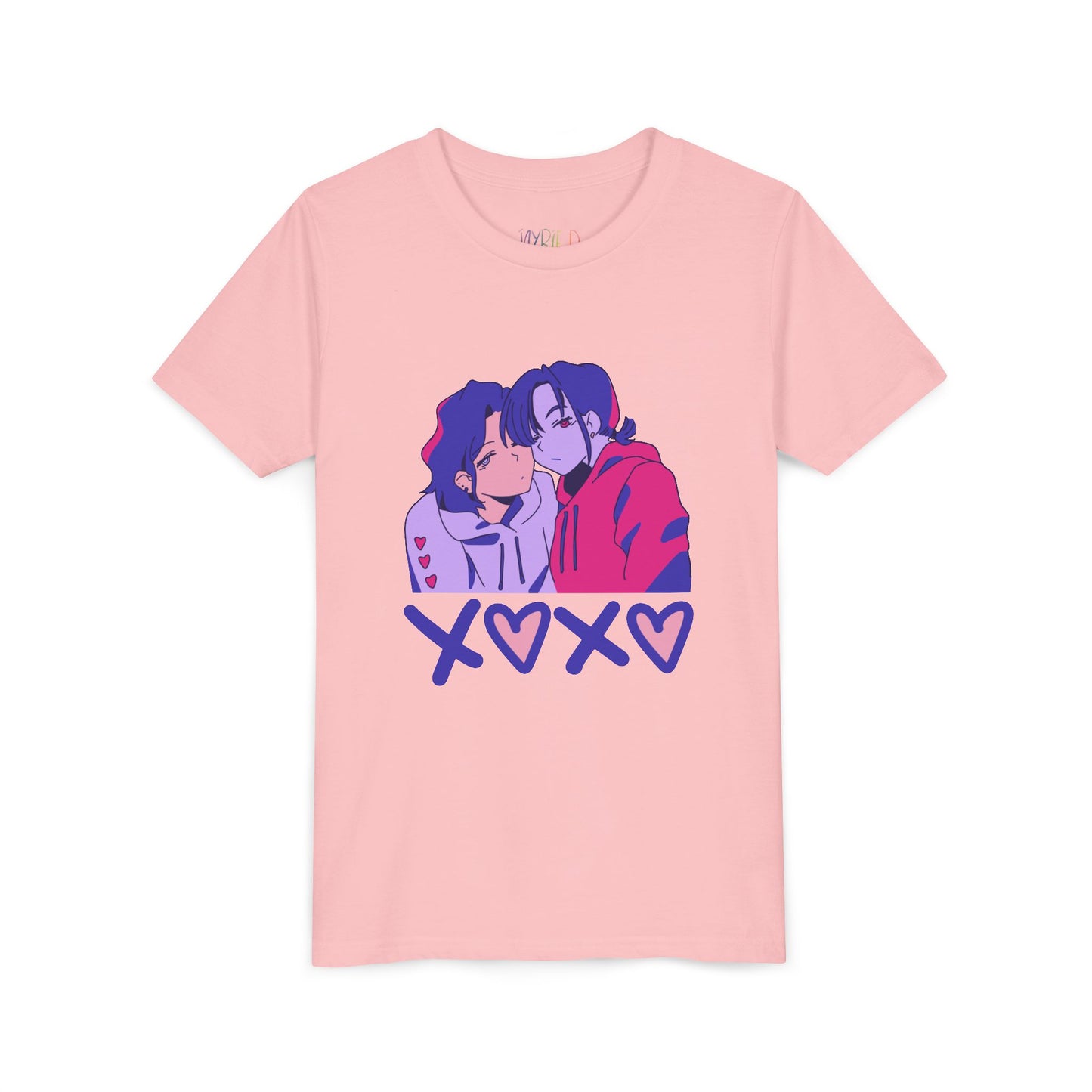 Pink t-shirt with two cartoon characters snuggled up and 'XOXO' text 