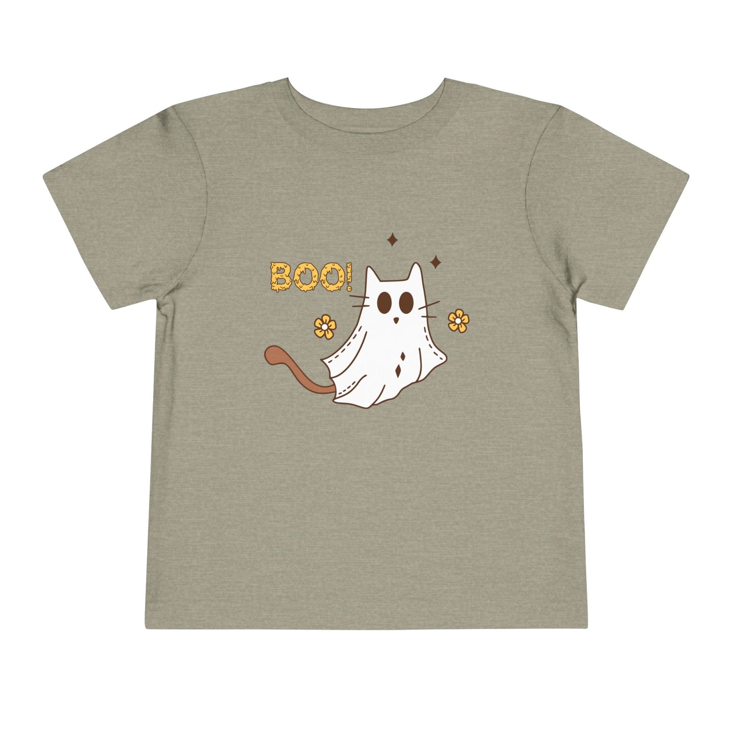 Gray/brown toddler t-shirt with a cat dressed as a ghost and text 'BOO!' on a white background