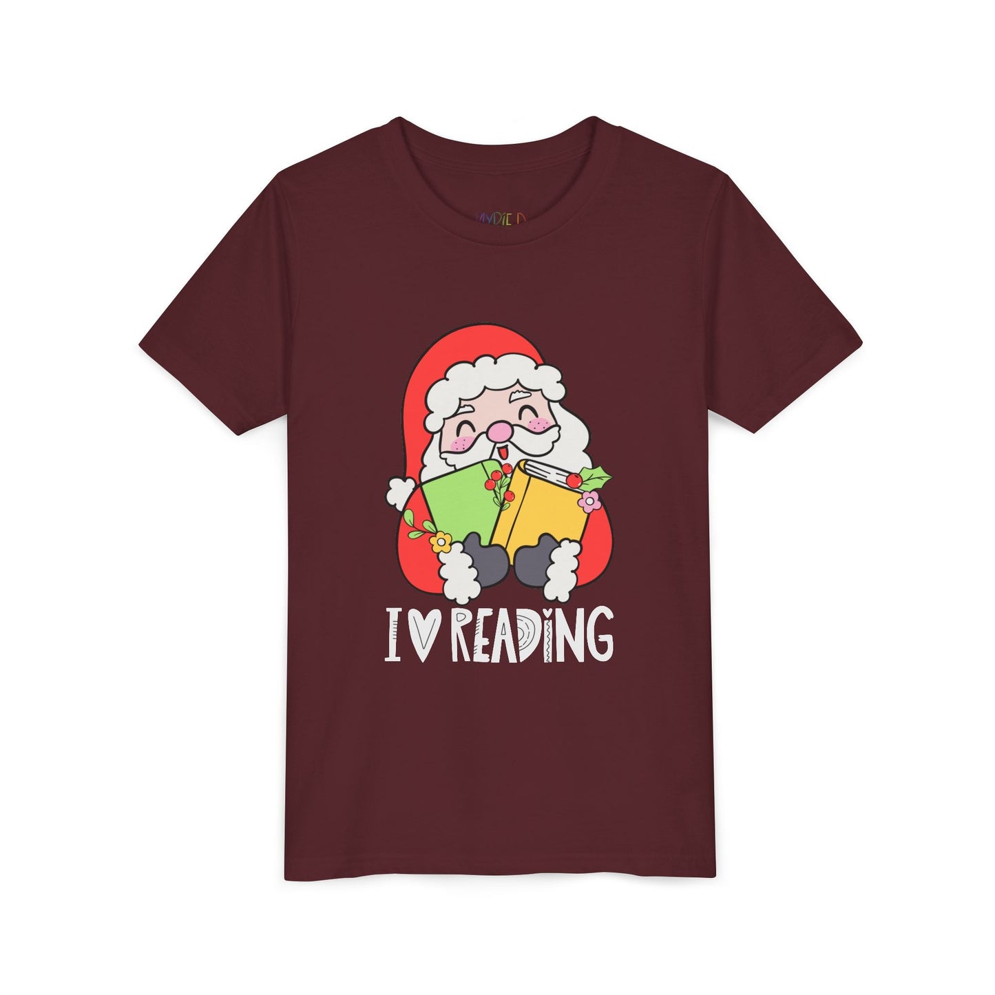 Youth I Love Reading T-Shirt â€“ Cute Santa Design Printify