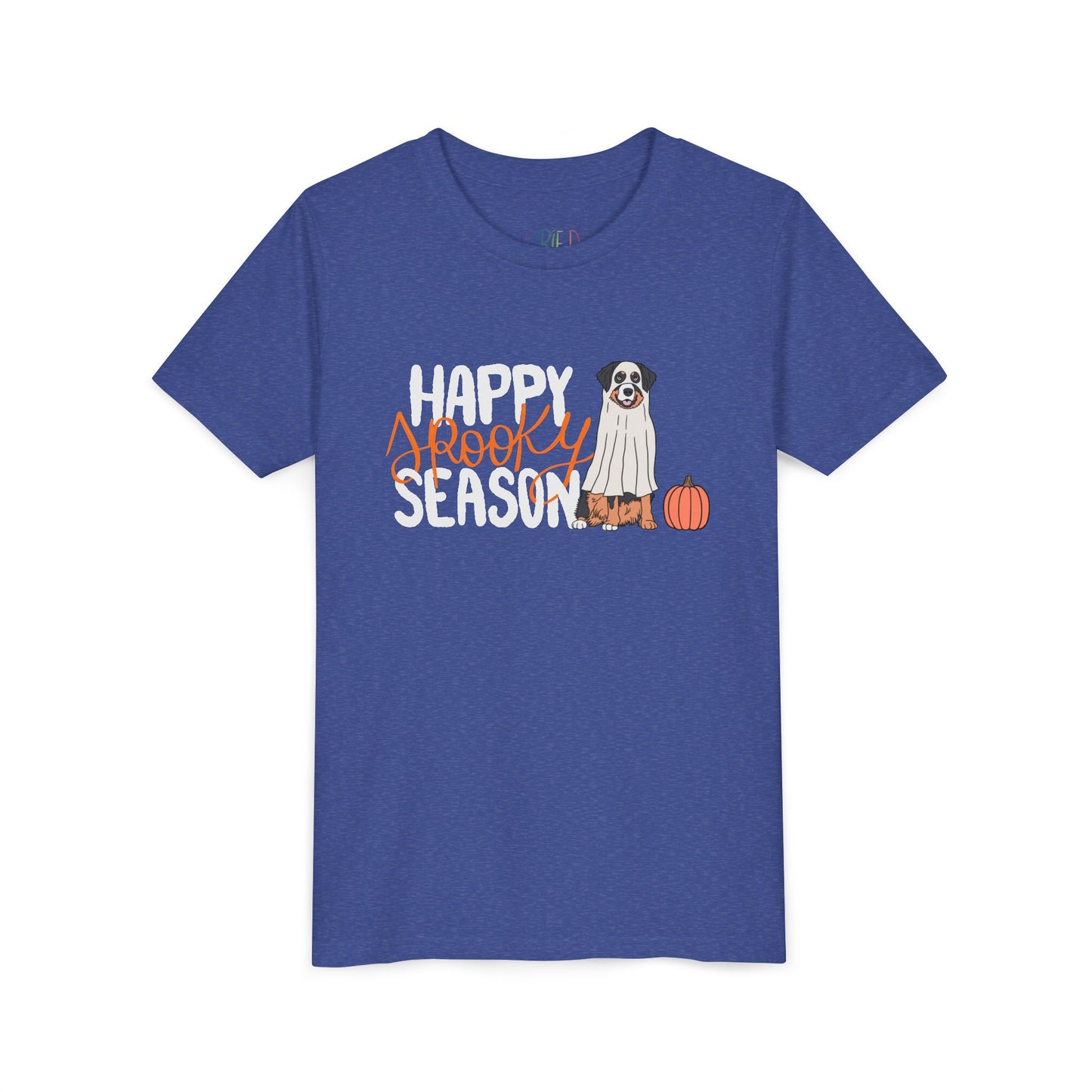 Blue t-shirt with 'Happy Spooky Season' text and a dog dressed as a ghost