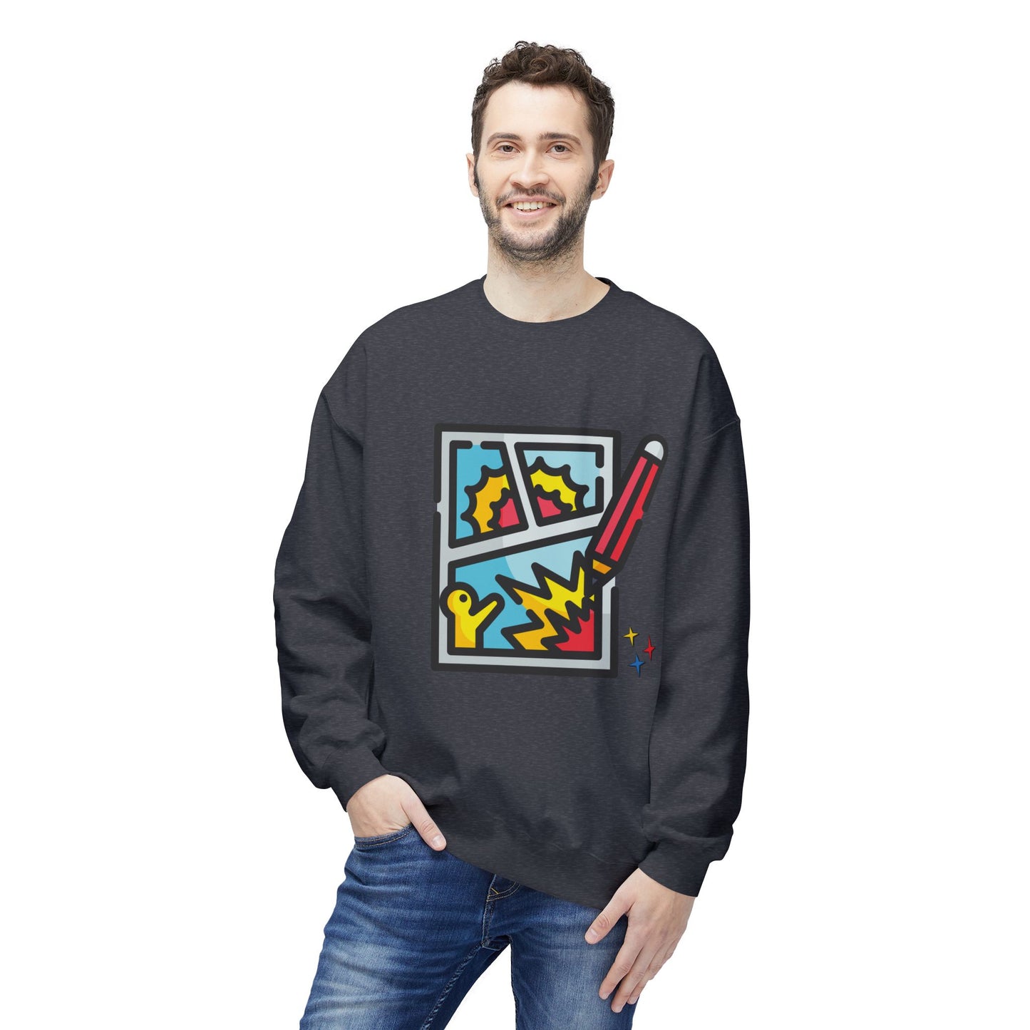 Man wearing a gray sweatshirt with colorful comic graphic 