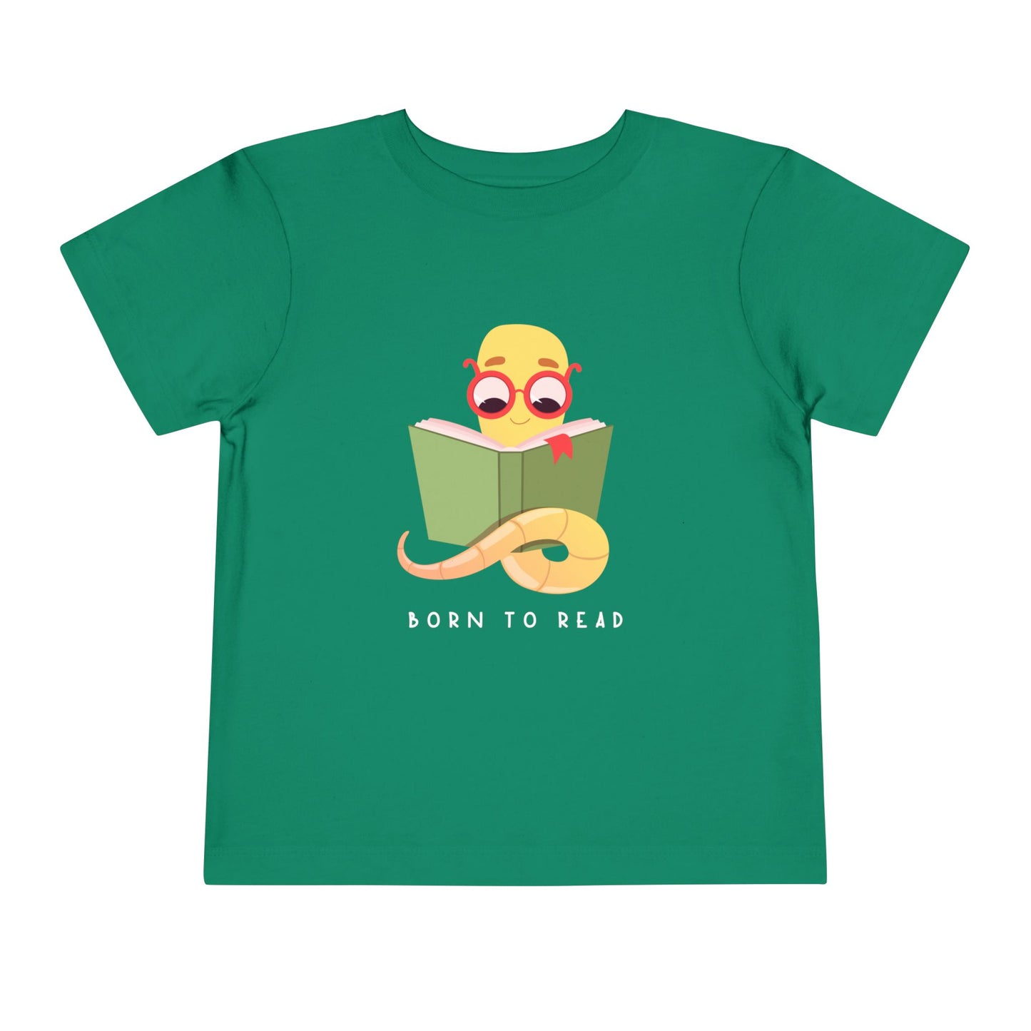Green toddler t-shirt with a book worm reading a book and 'Born to Read' text 