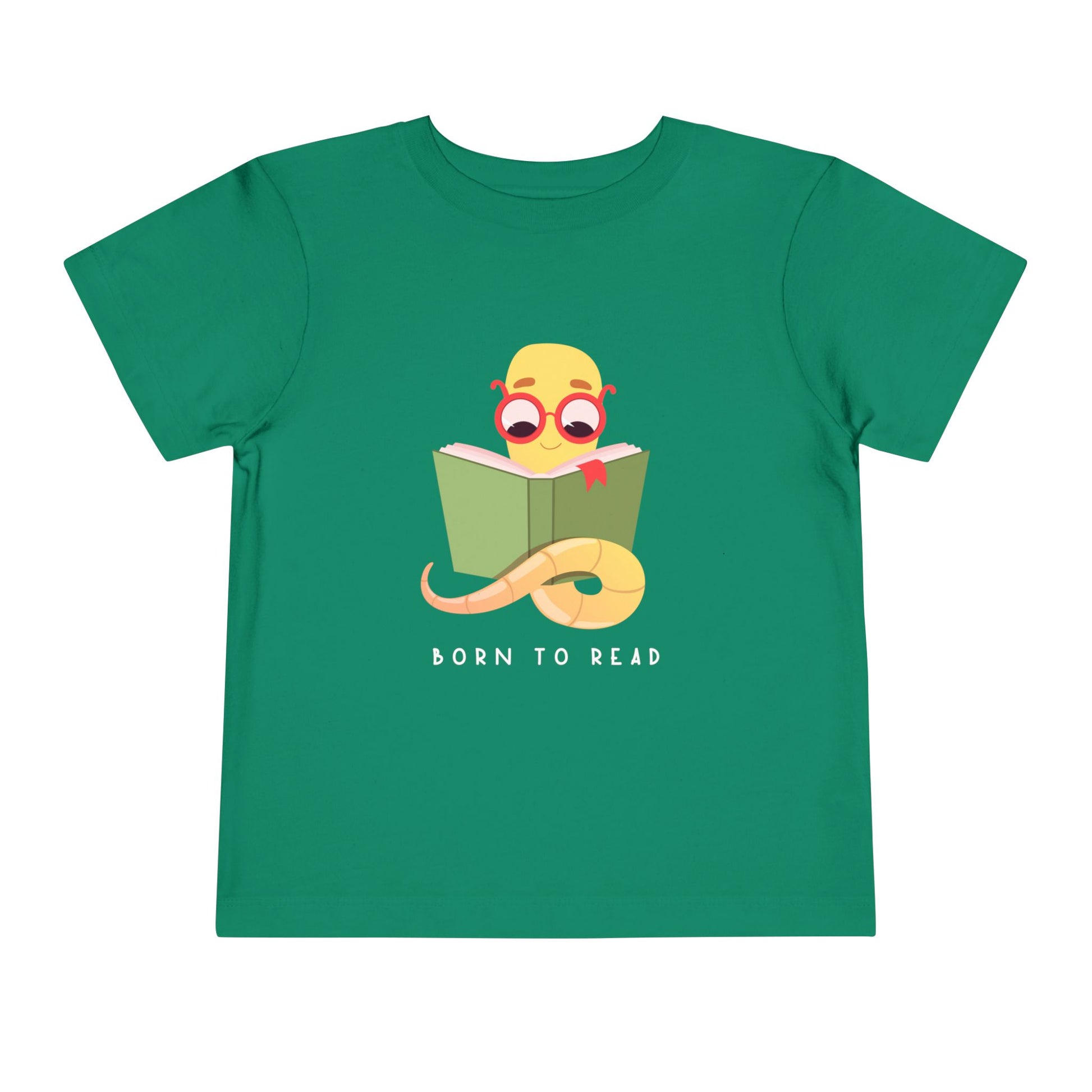 Green toddler t-shirt with a book worm reading a book and 'Born to Read' text 