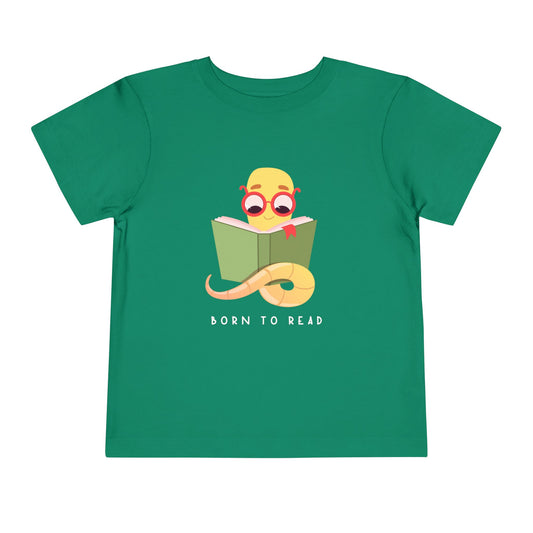 Green toddler t-shirt with a book worm reading a book and 'Born to Read' text 