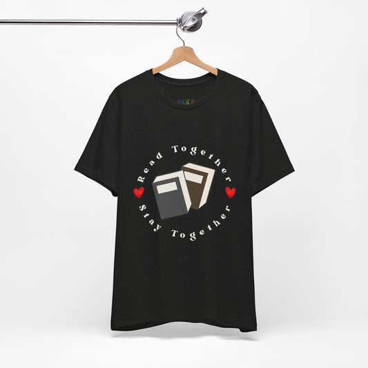 Black t-shirt with two books circled by hearts and text 'Read Together. Stay Together.' 