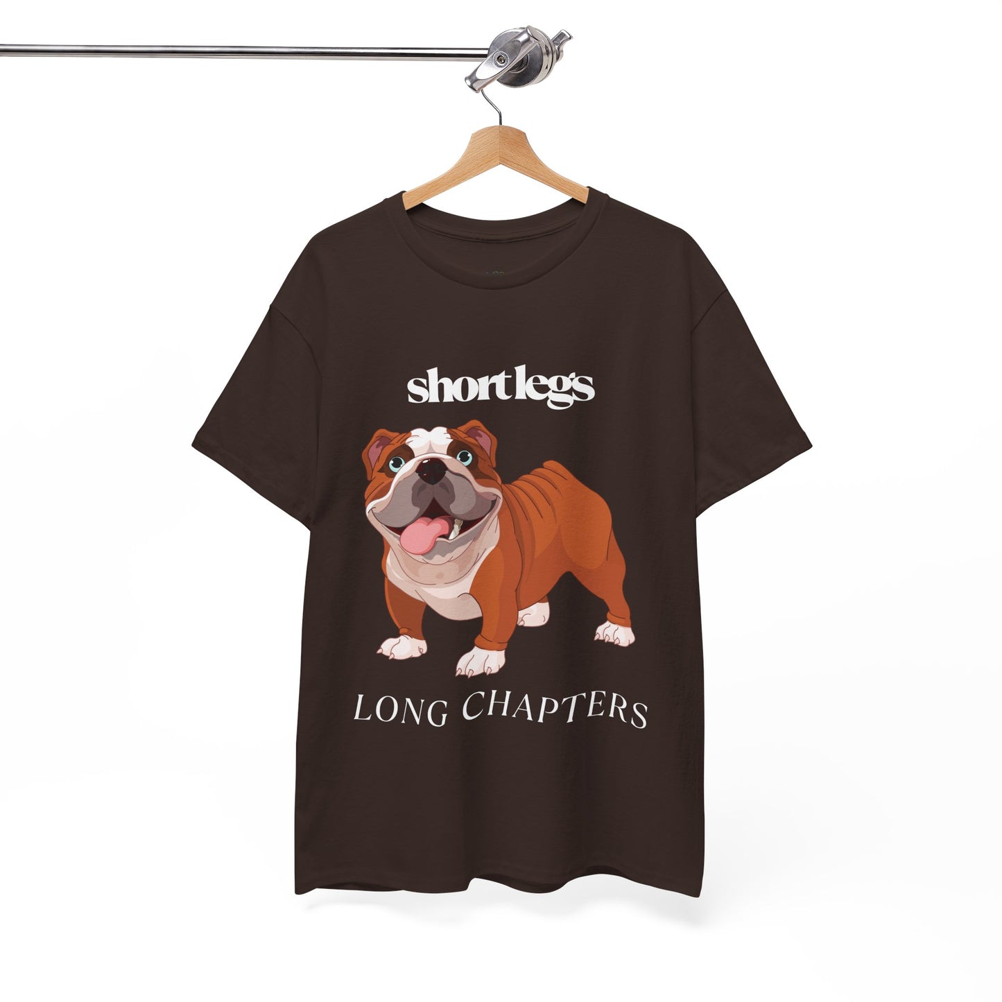 Brown t-shirt with a happy bulldog and text 'Short Lets, Long Chapters'