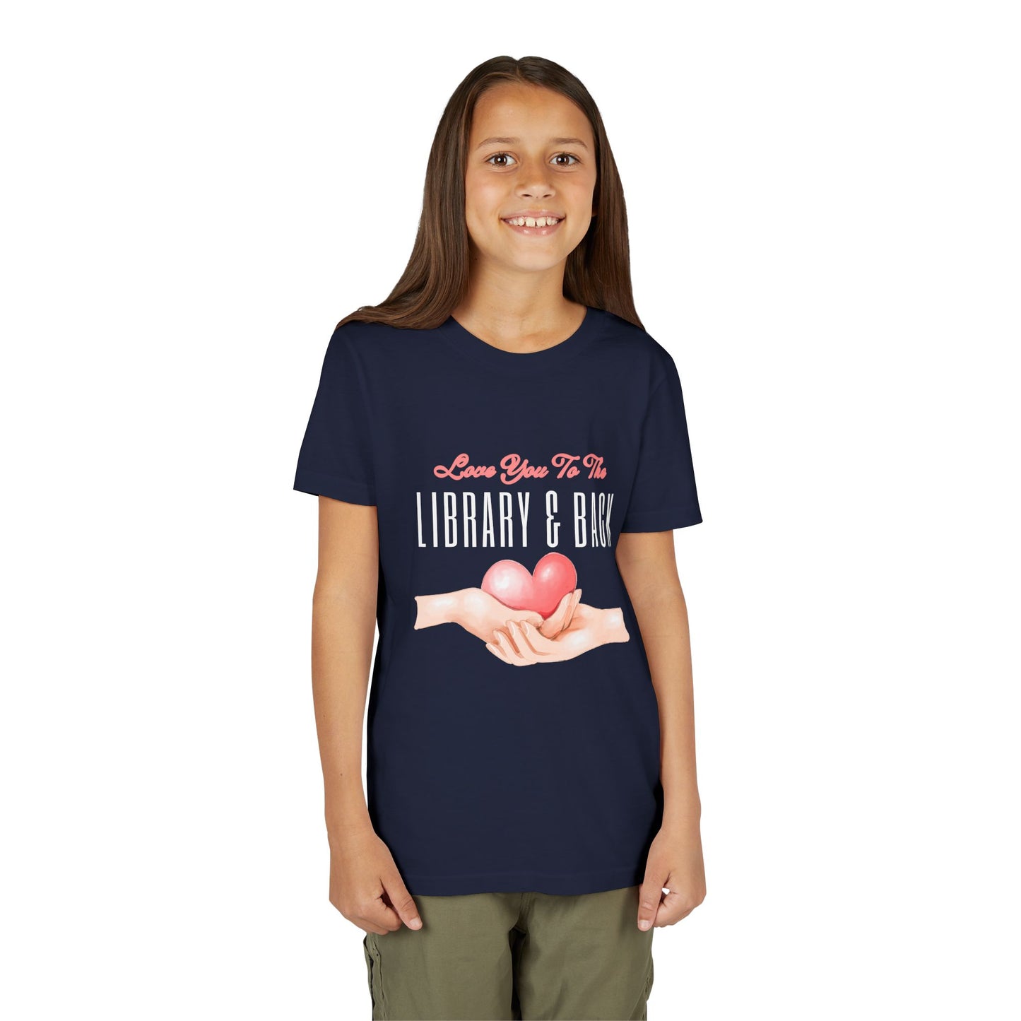 Girl wearing a navy blue t-shirt with a graphic of hands holding a heart and text 'Love You To The Library & Back' 