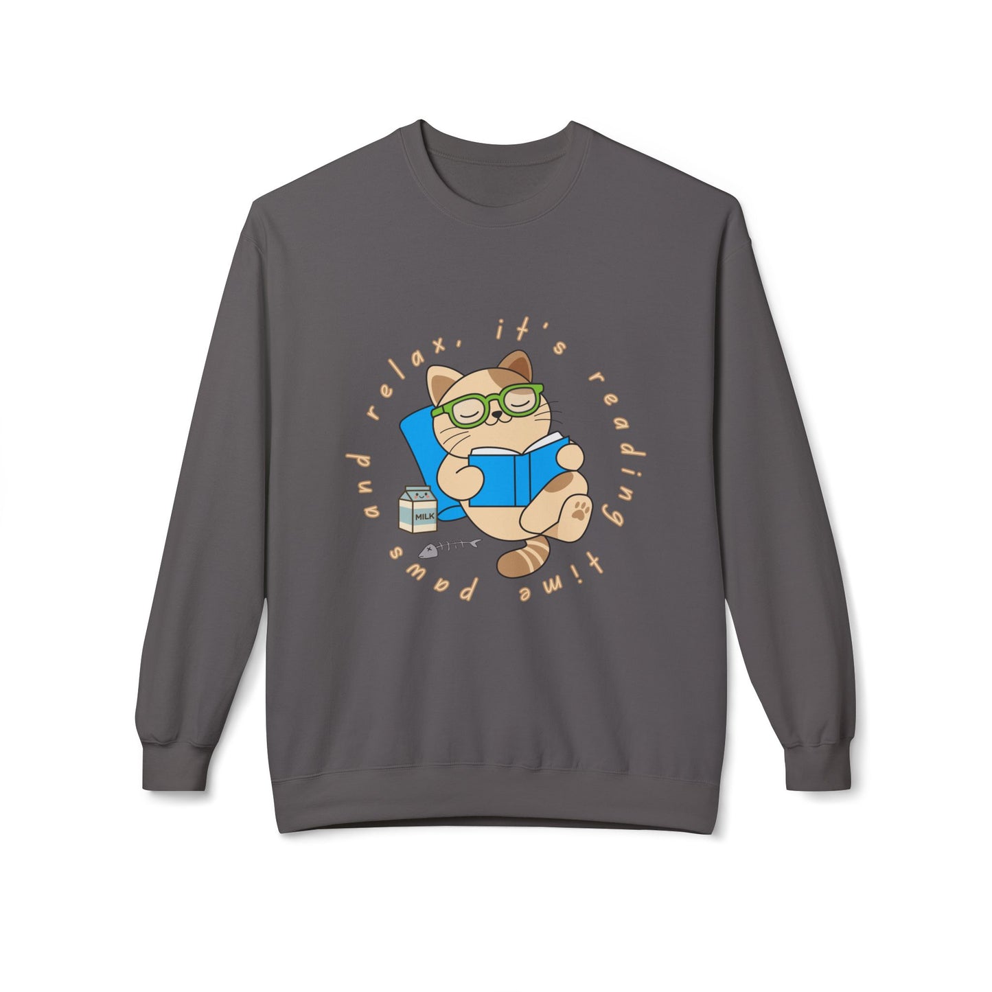 Gray sweatshirt with a cat reading a book graphic and text 'Paws and relax, it's reading time'