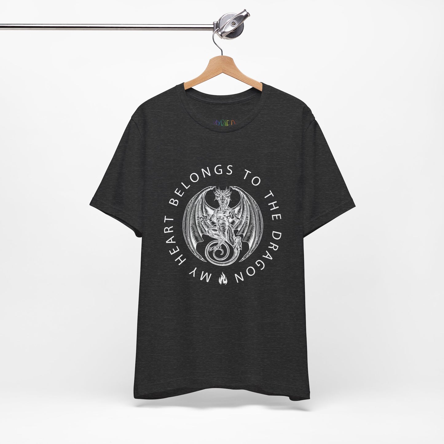 Black heather t-shirt with dragon graphic circled by text 'My Heart Belongs To The Dragon'