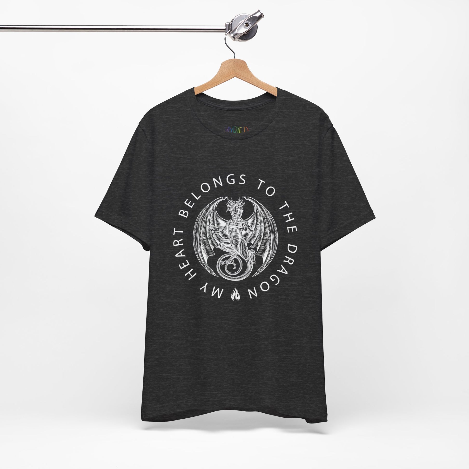 Black heather t-shirt with dragon graphic circled by text 'My Heart Belongs To The Dragon'